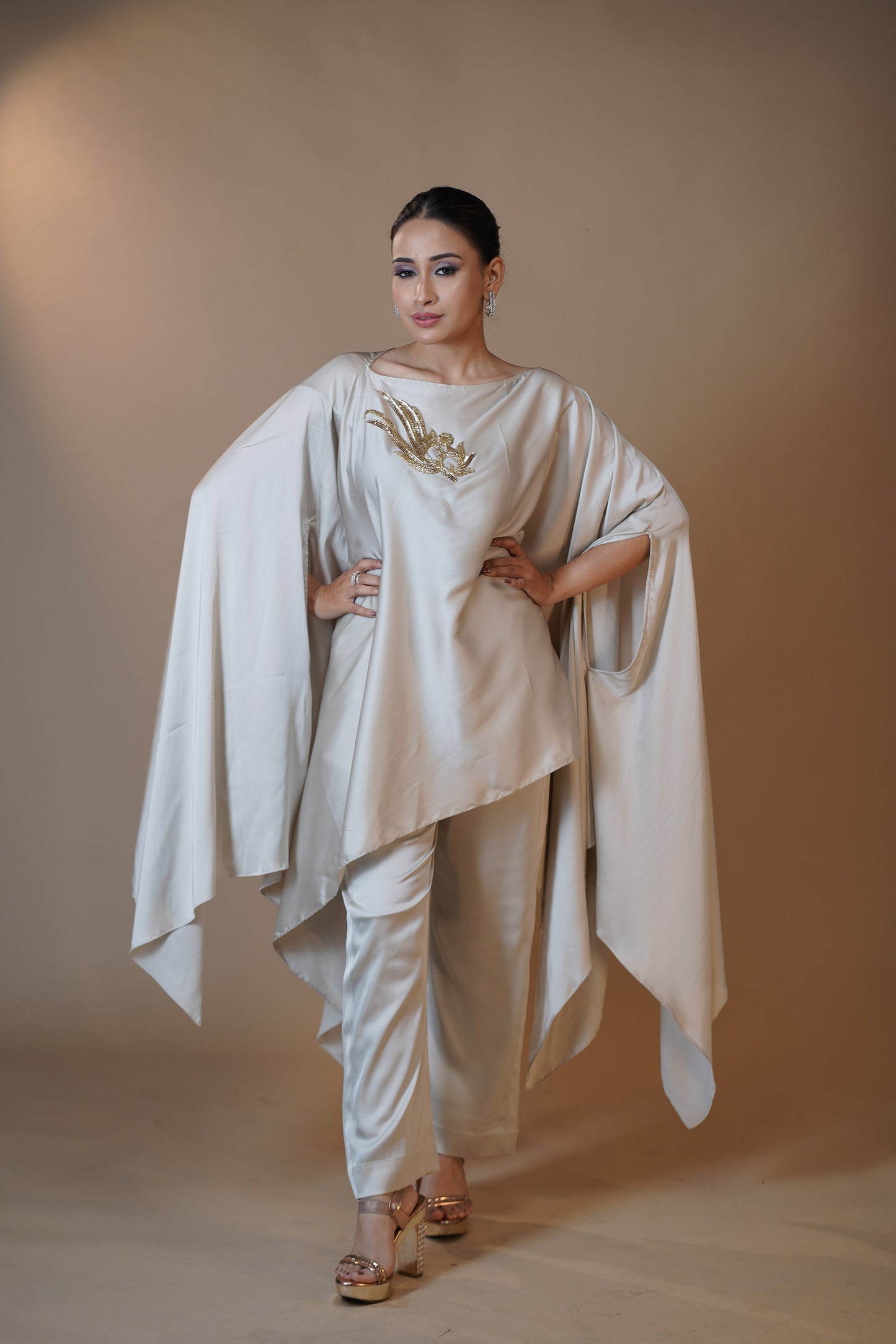 Ivory Elegance Embroidered Cape Pant Set