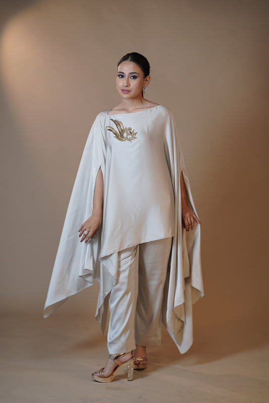 Ivory Elegance Embroidered Cape Pant Set