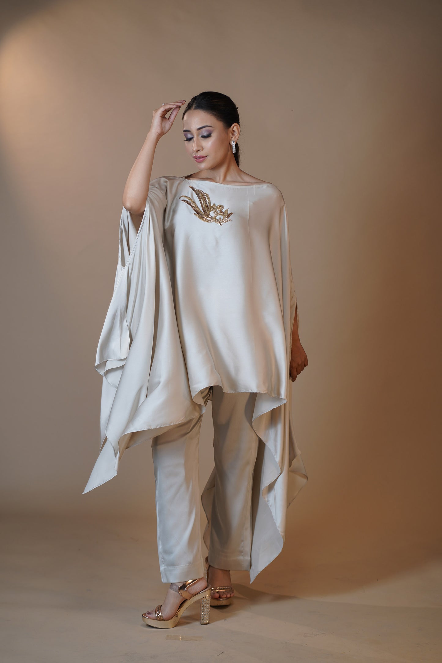 Ivory Elegance Embroidered Cape Pant Set