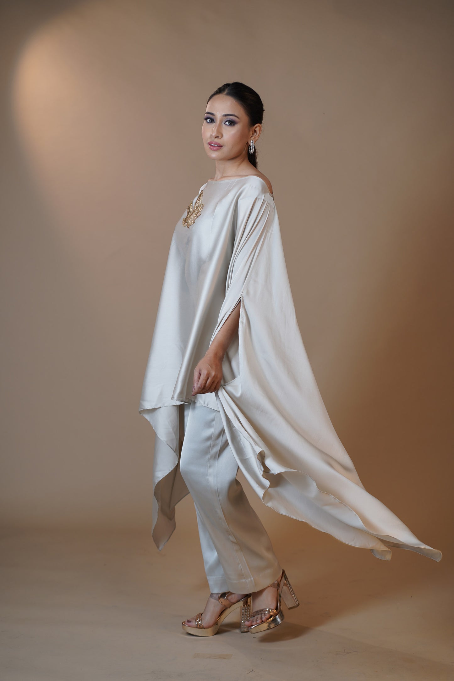 Ivory Elegance Embroidered Cape Pant Set