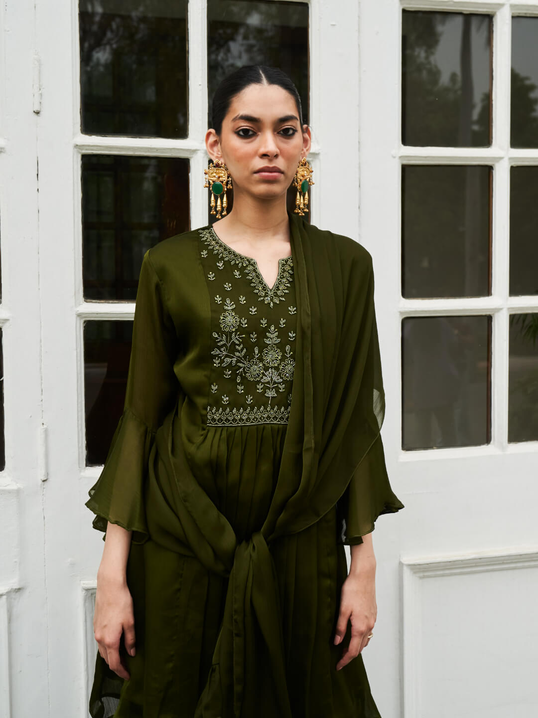 Olive Wrinkle Georgette Peplum Sharara Set With Hand Embroidery