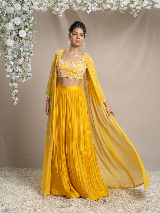 Yellow Dori Work Cape Set With Bustier And Palazzos