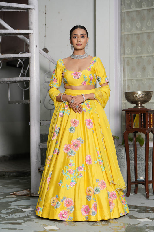 Empire Yellow Applique Lehenga Set for Bridesmaid