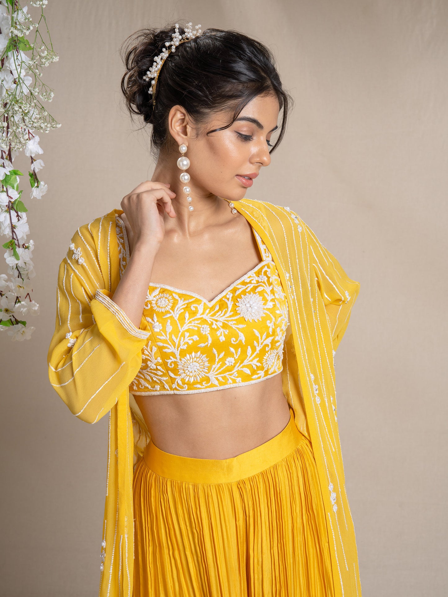 Yellow Dori Work Cape Set With Bustier And Palazzos