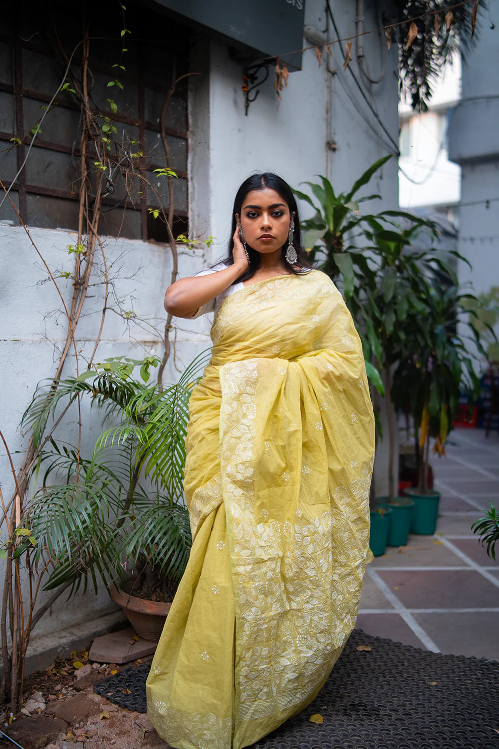 Handloom Leaf Green Cotton Kantha Saree