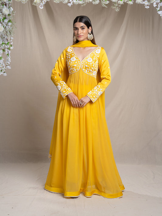 Yellow Anarkali Set With Matching Pants And Dupatta