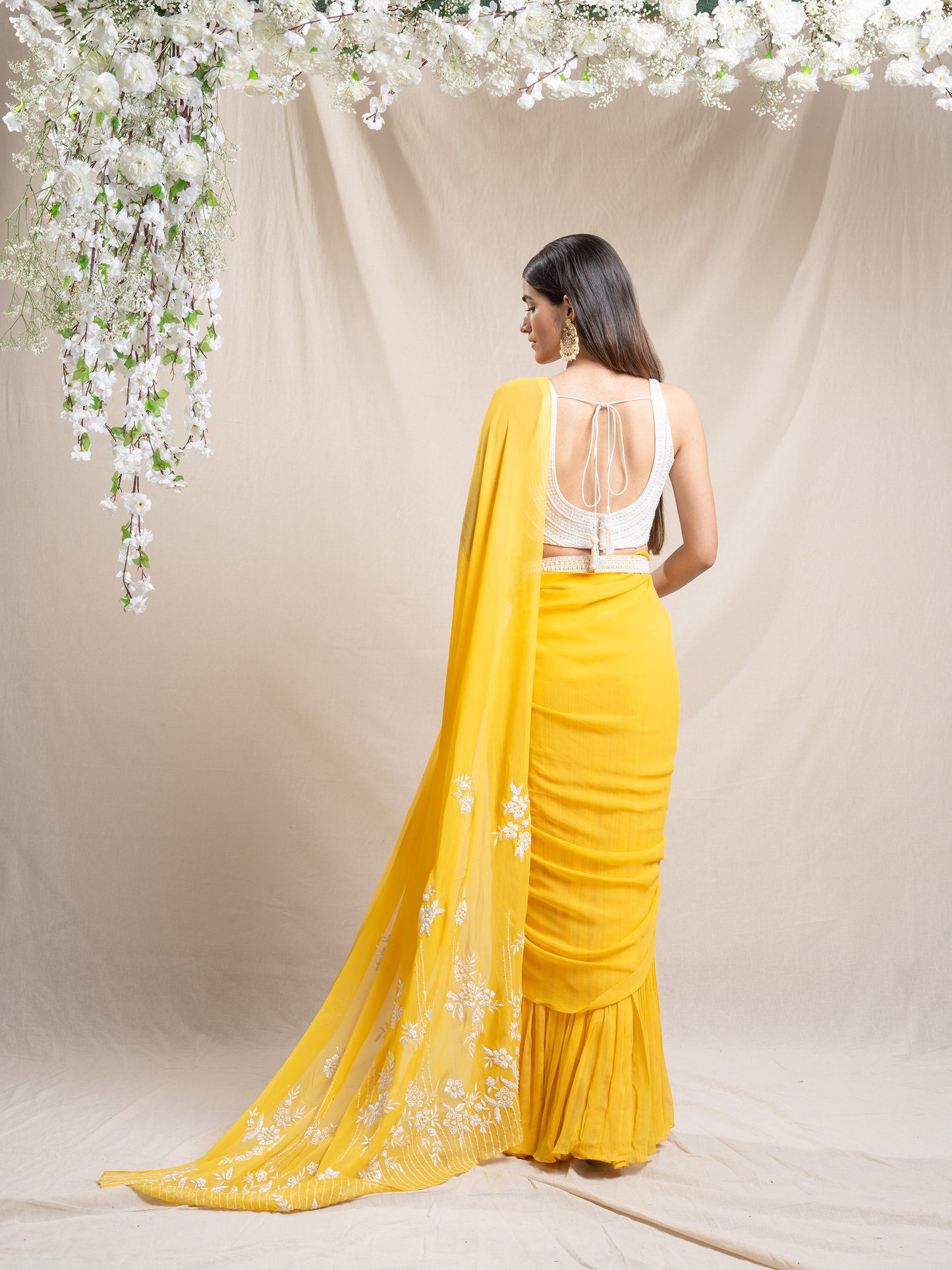 Yellow Predraped Saree With Ornate Pallu And Blouse