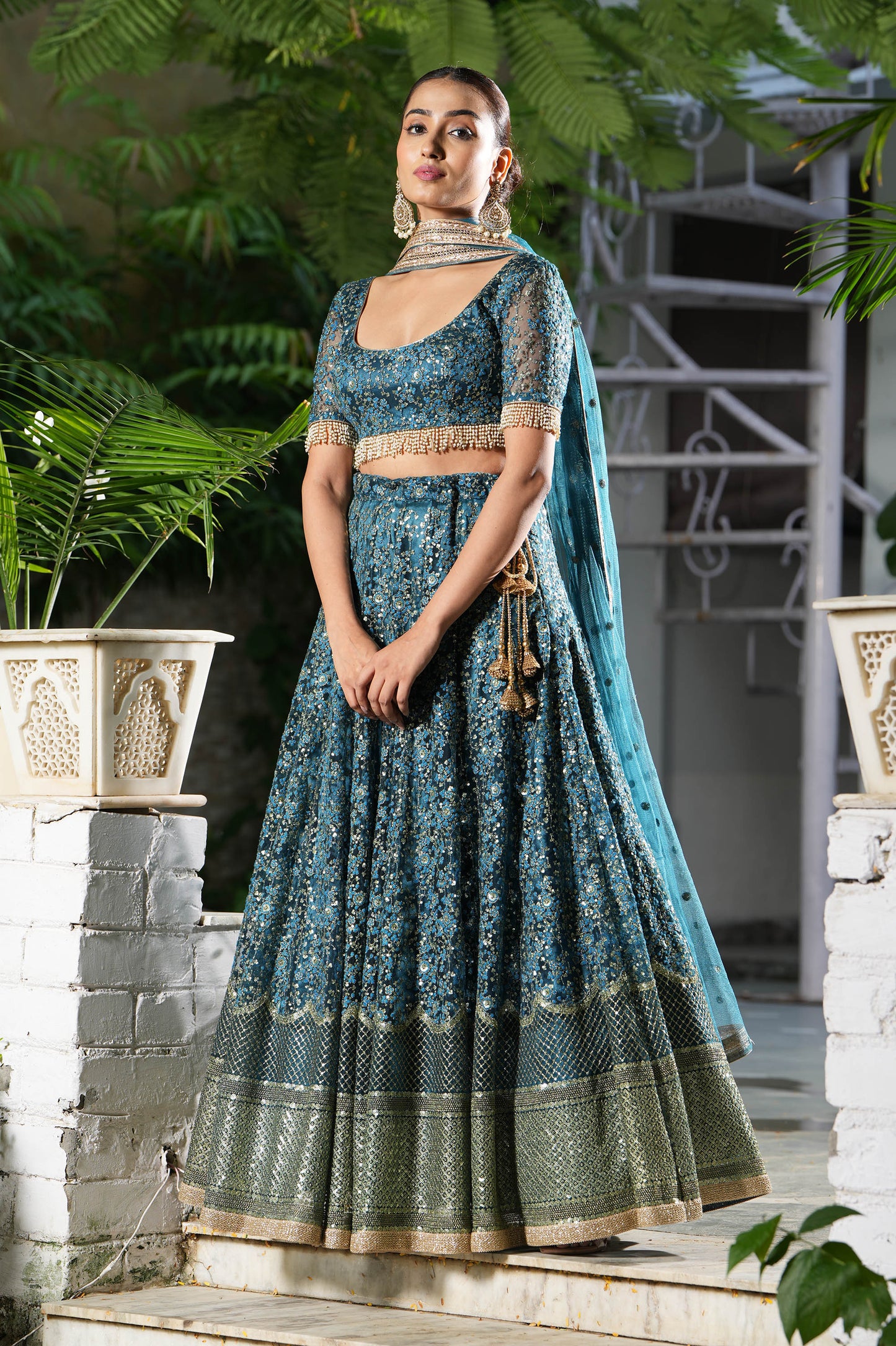 Teal Embroidered Bridal Lehenga Set for Sangeet