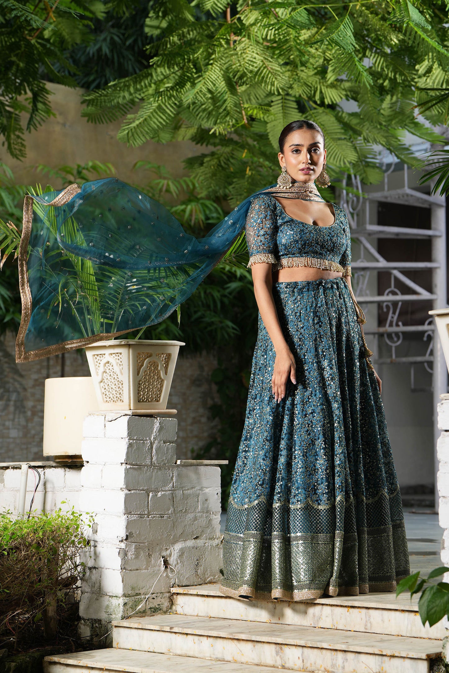 Teal Embroidered Bridal Lehenga Set for Sangeet