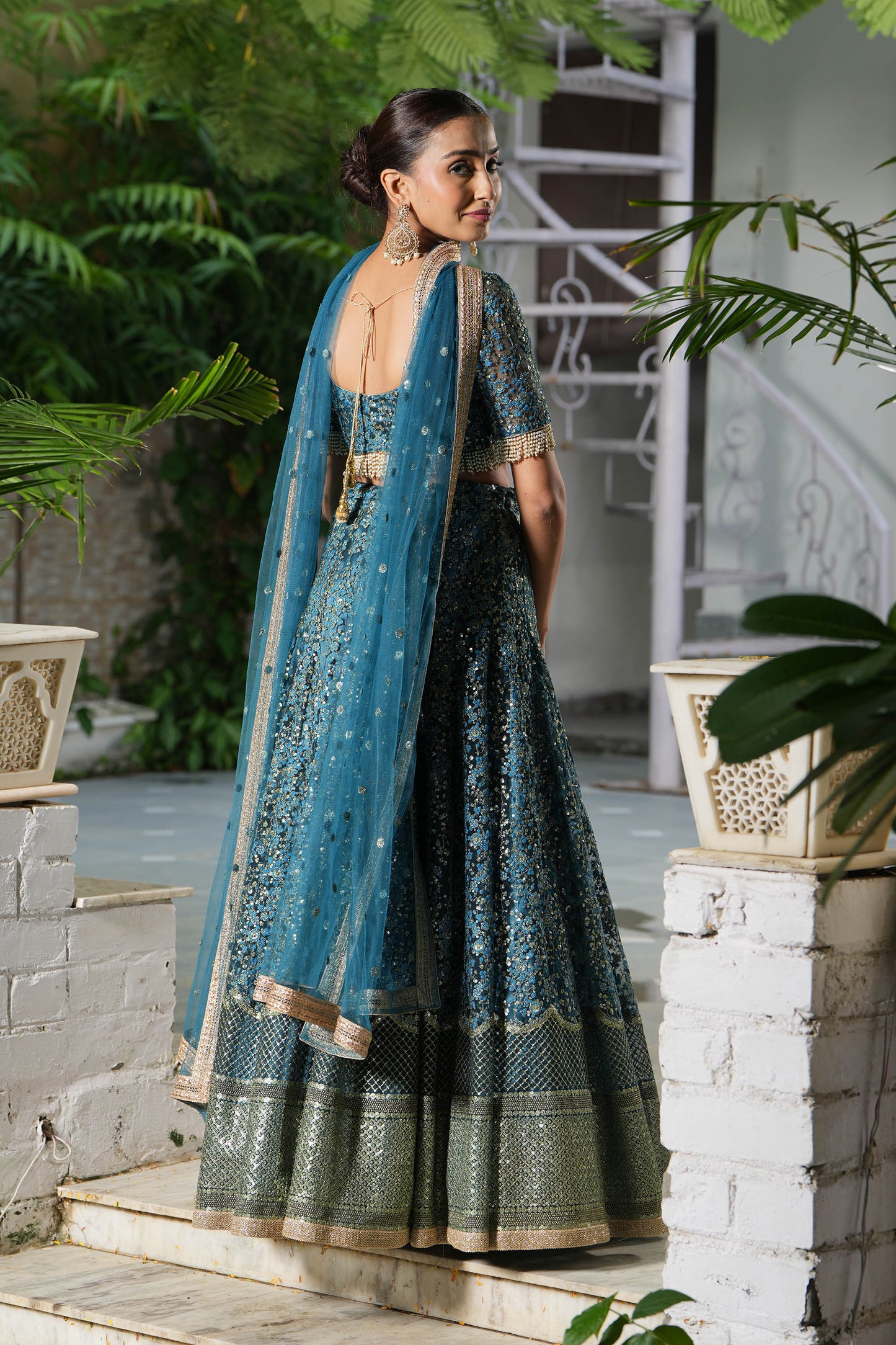 Teal Embroidered Bridal Lehenga Set for Sangeet