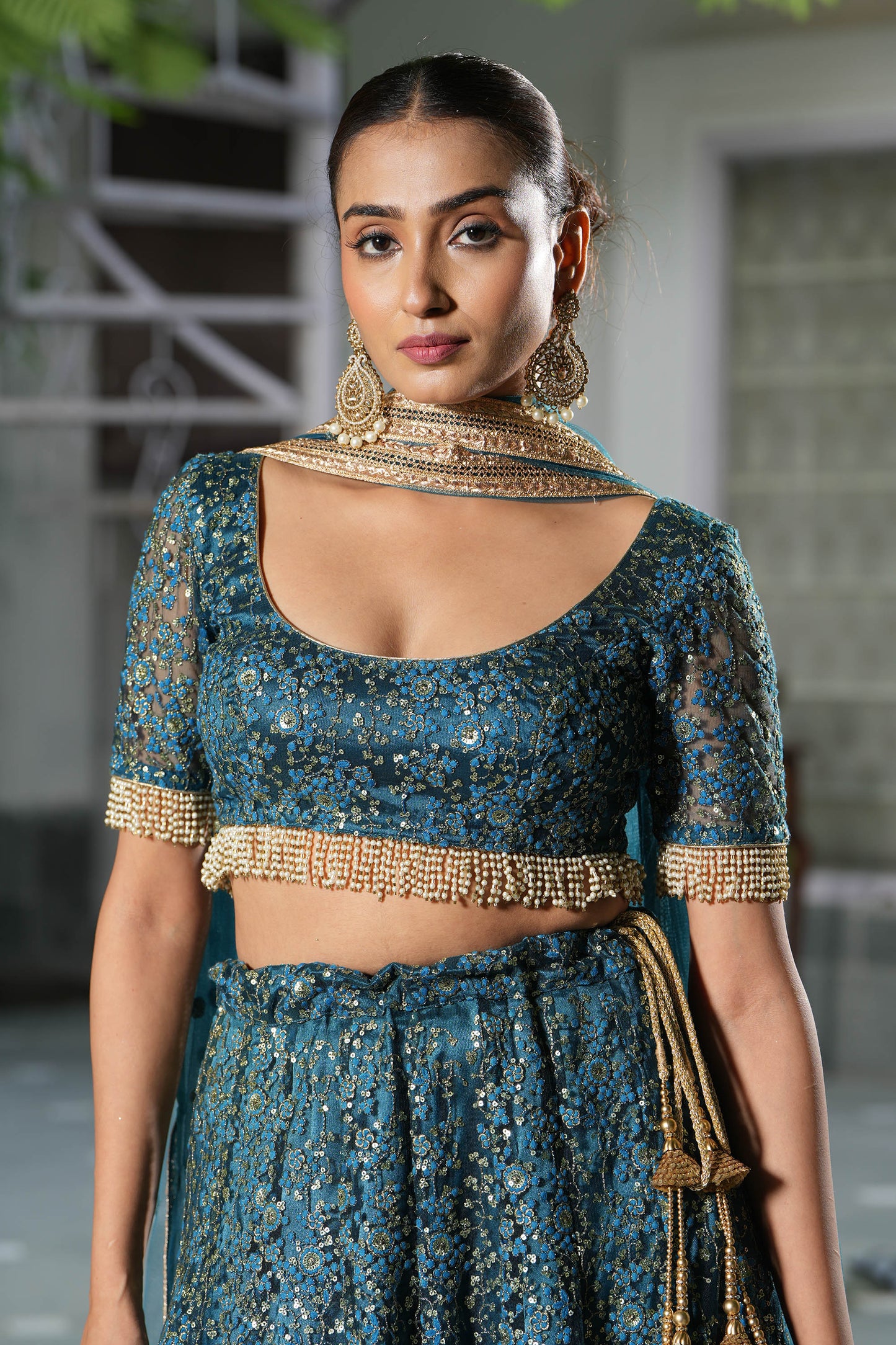 Teal Embroidered Bridal Lehenga Set for Sangeet