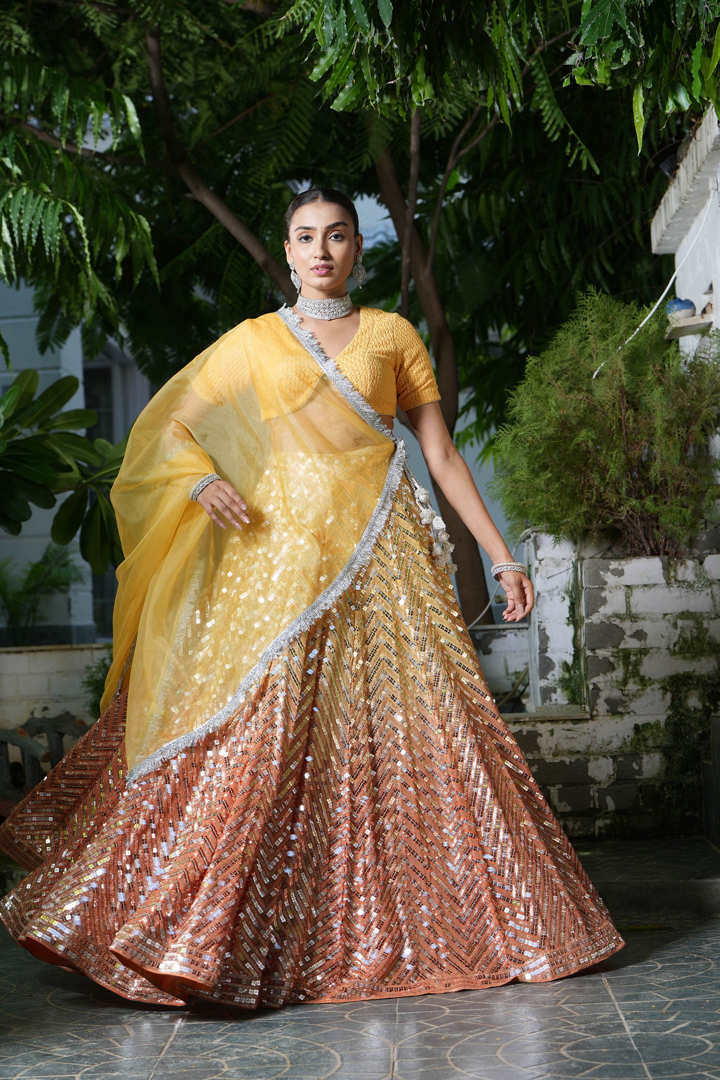 Ombre Yellow-Orange Sequins Wedding Guest Lehenga Set