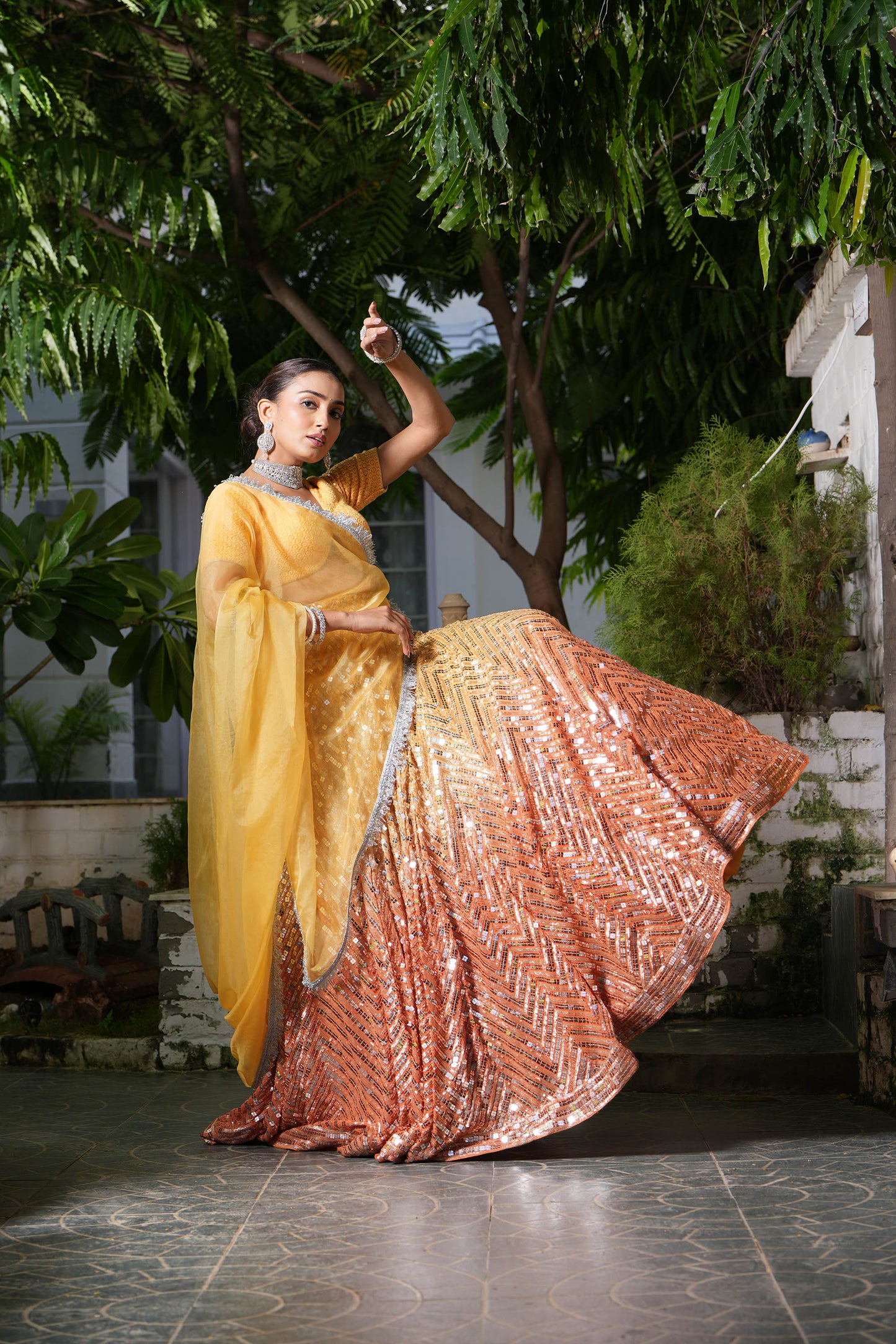 Ombre Yellow-Orange Sequins Wedding Guest Lehenga Set