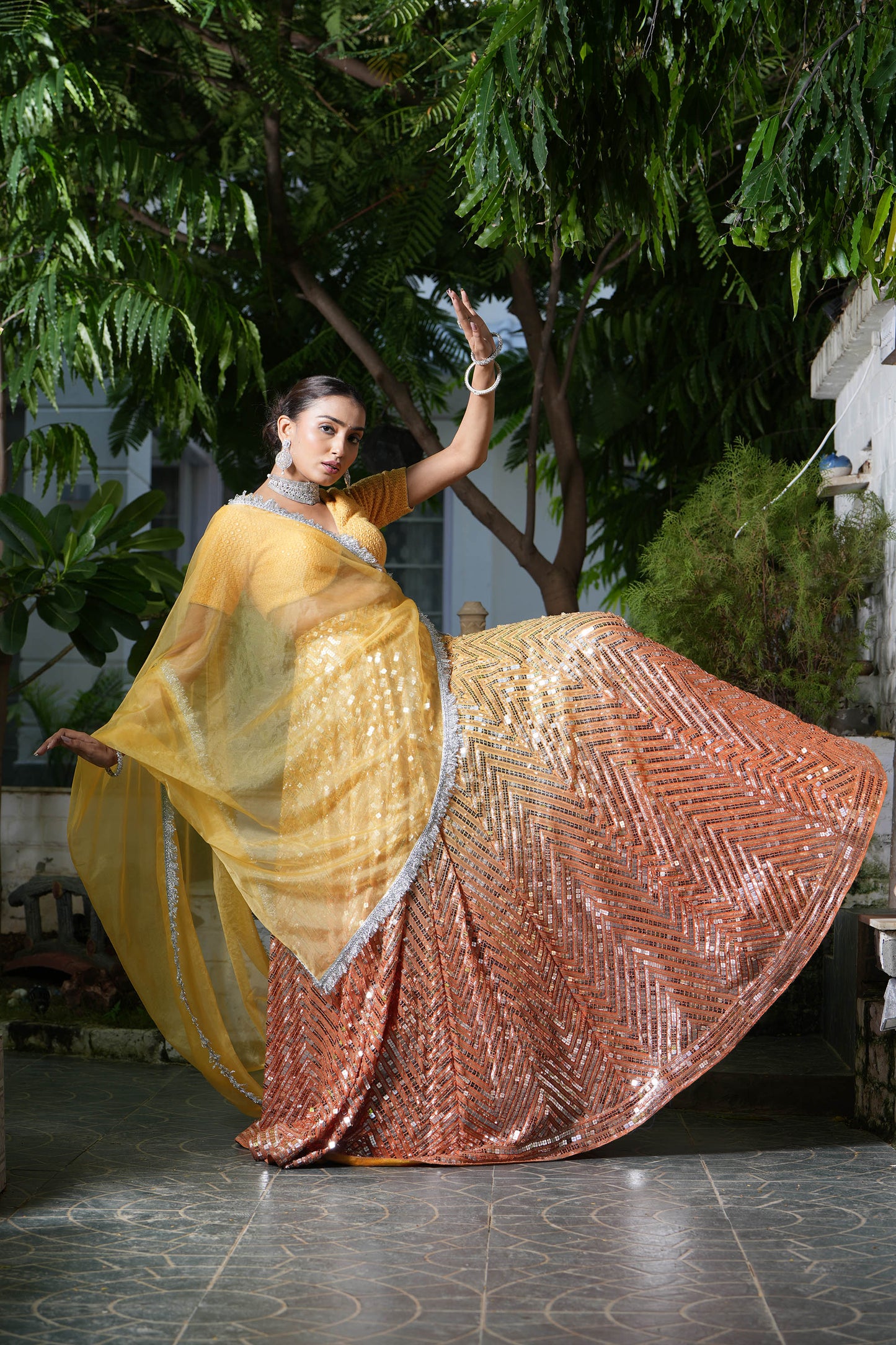 Ombre Yellow-Orange Sequins Wedding Guest Lehenga Set