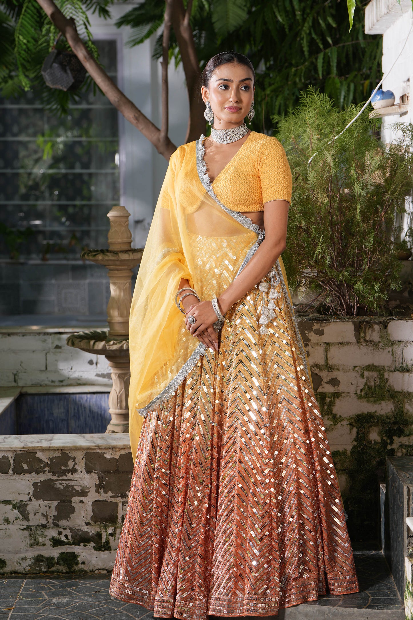 Ombre Yellow-Orange Sequins Wedding Guest Lehenga Set