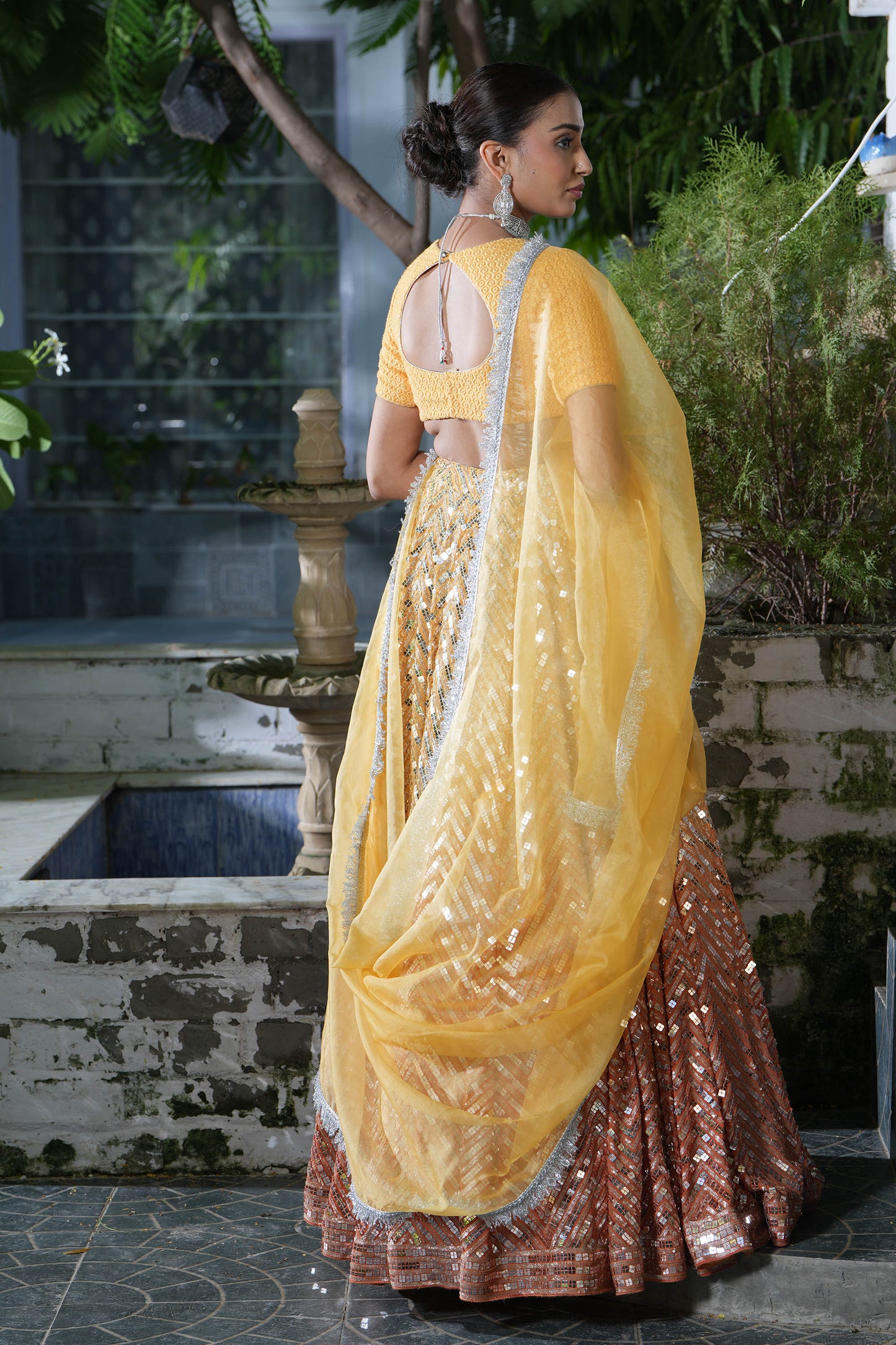 Ombre Yellow-Orange Sequins Wedding Guest Lehenga Set