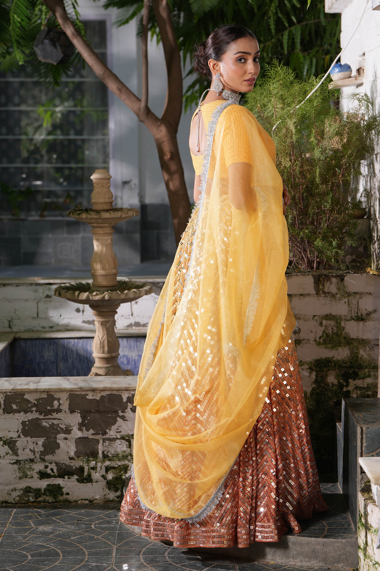 Ombre Yellow-Orange Sequins Wedding Guest Lehenga Set