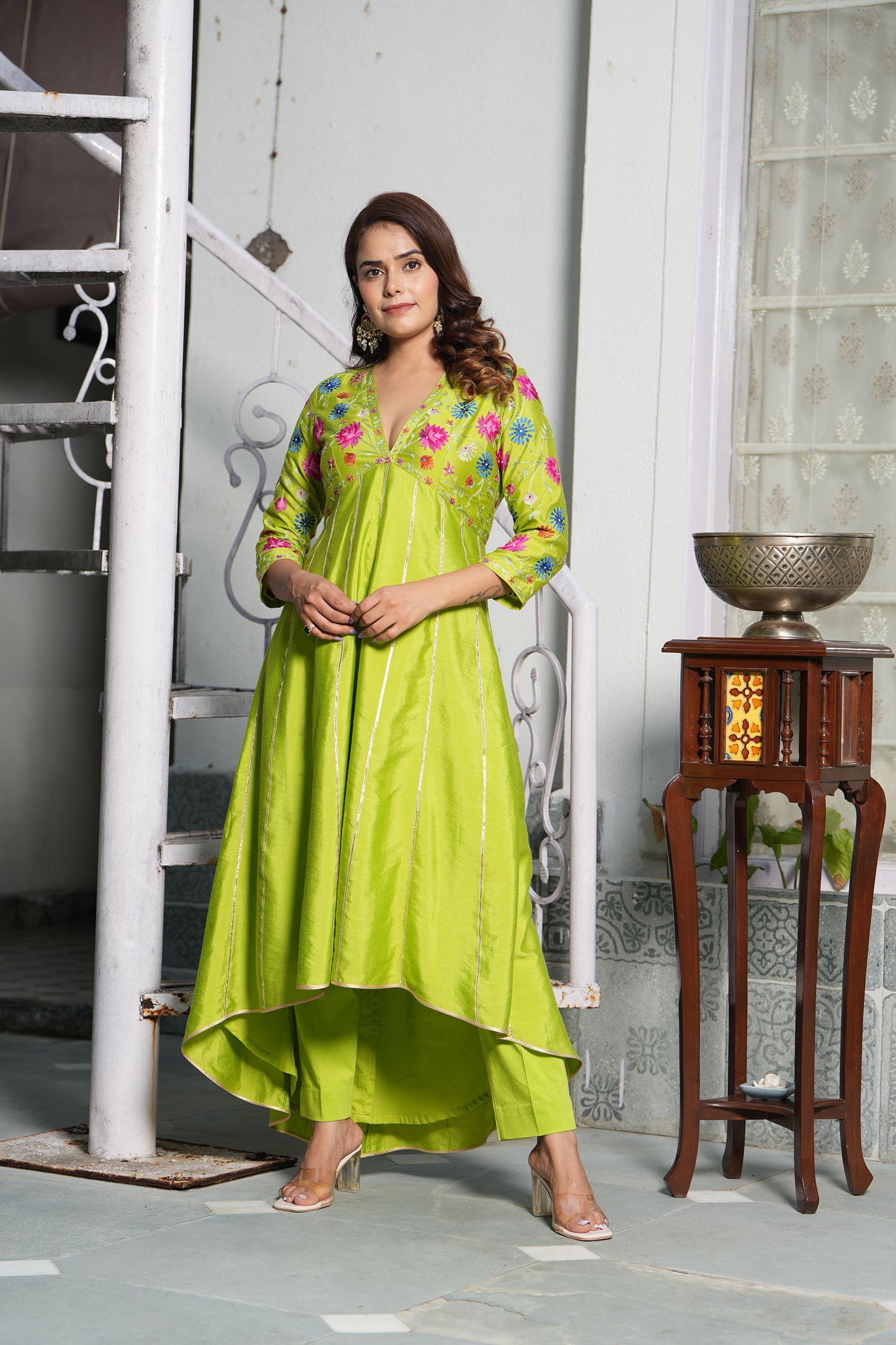 Love Bird Hi-Lo V neck Embroidered Green Kurta set