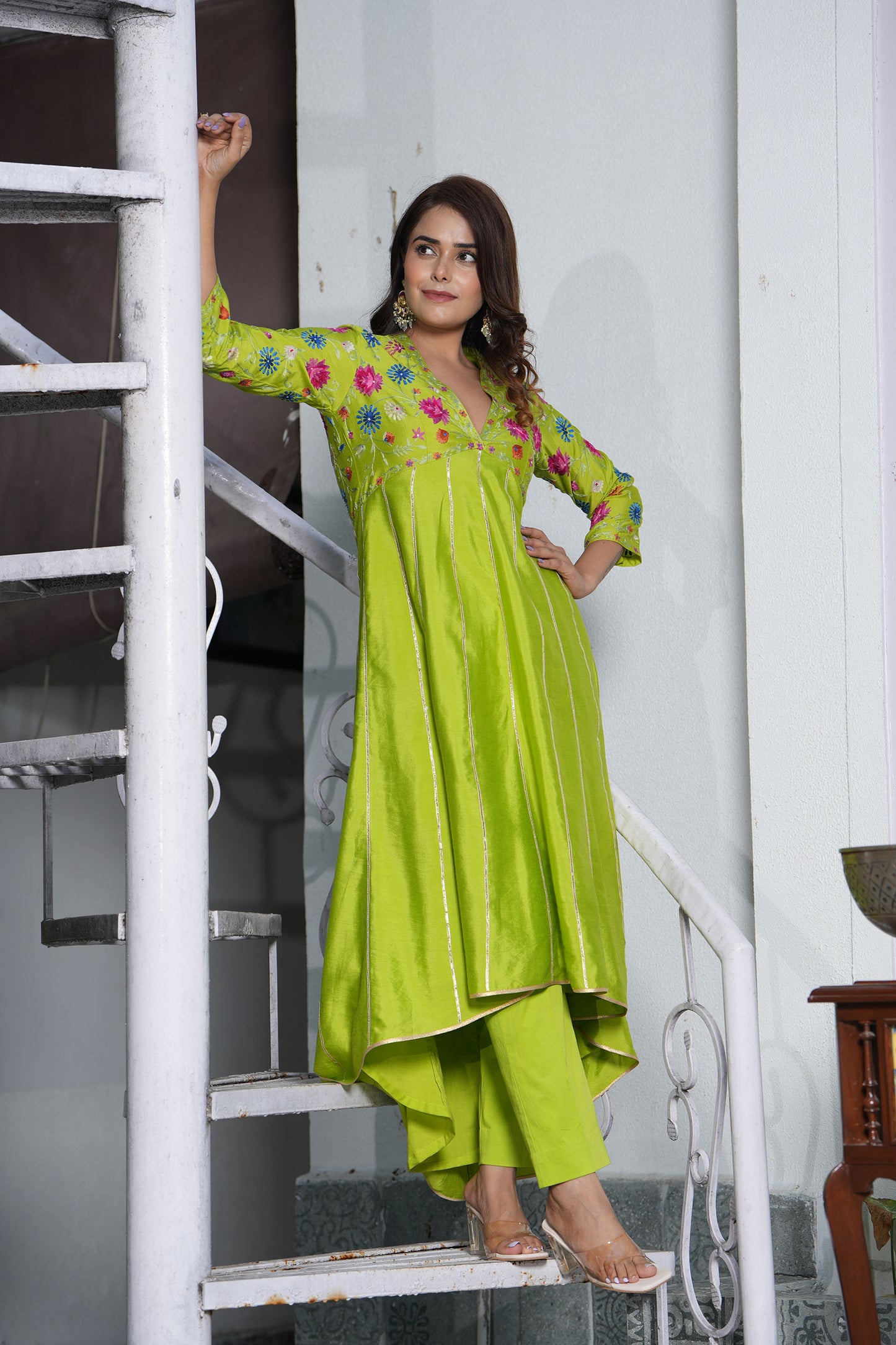 Love Bird Hi-Lo V neck Embroidered Green Kurta set