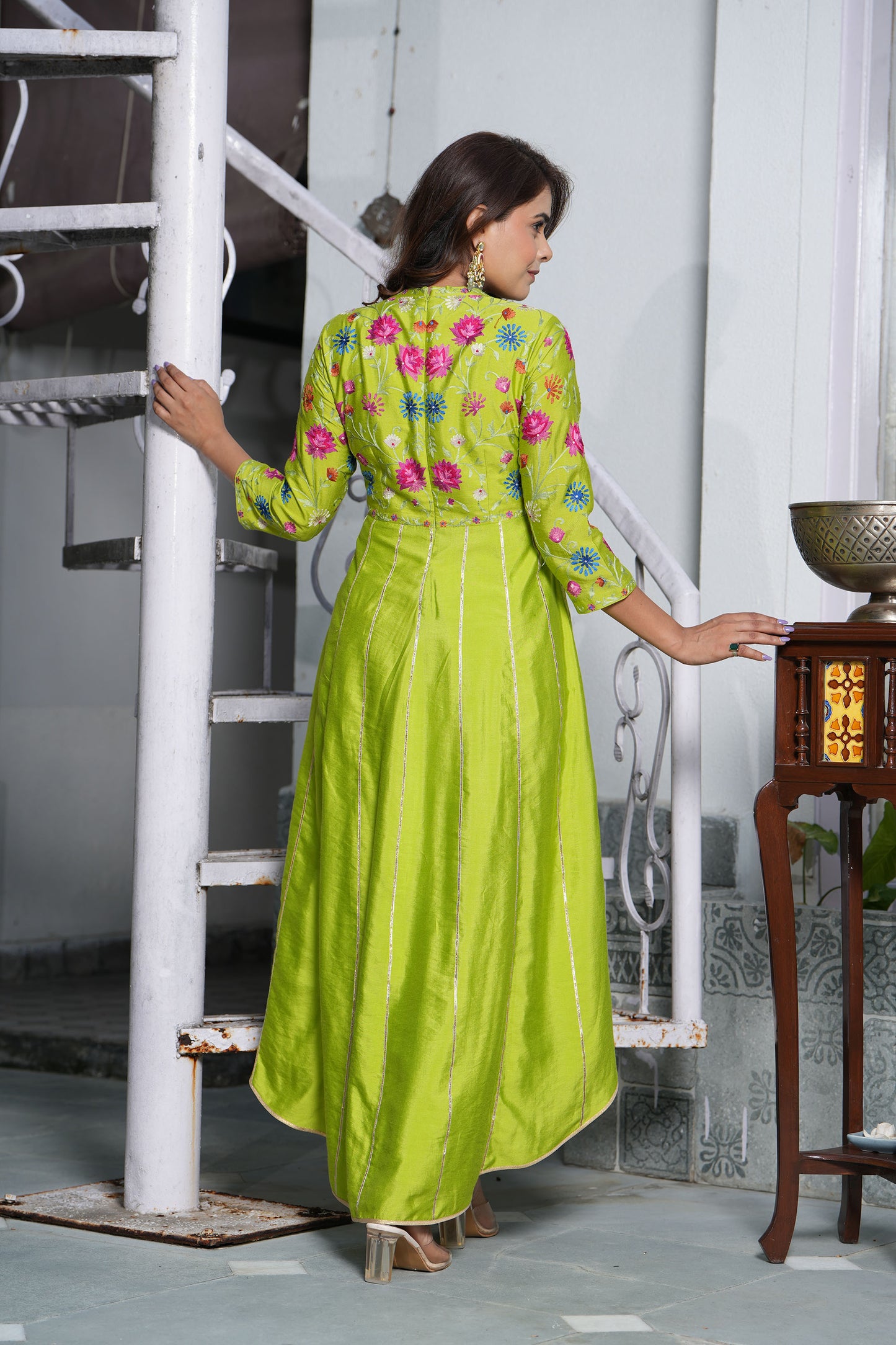 Love Bird Hi-Lo V neck Embroidered Green Kurta set