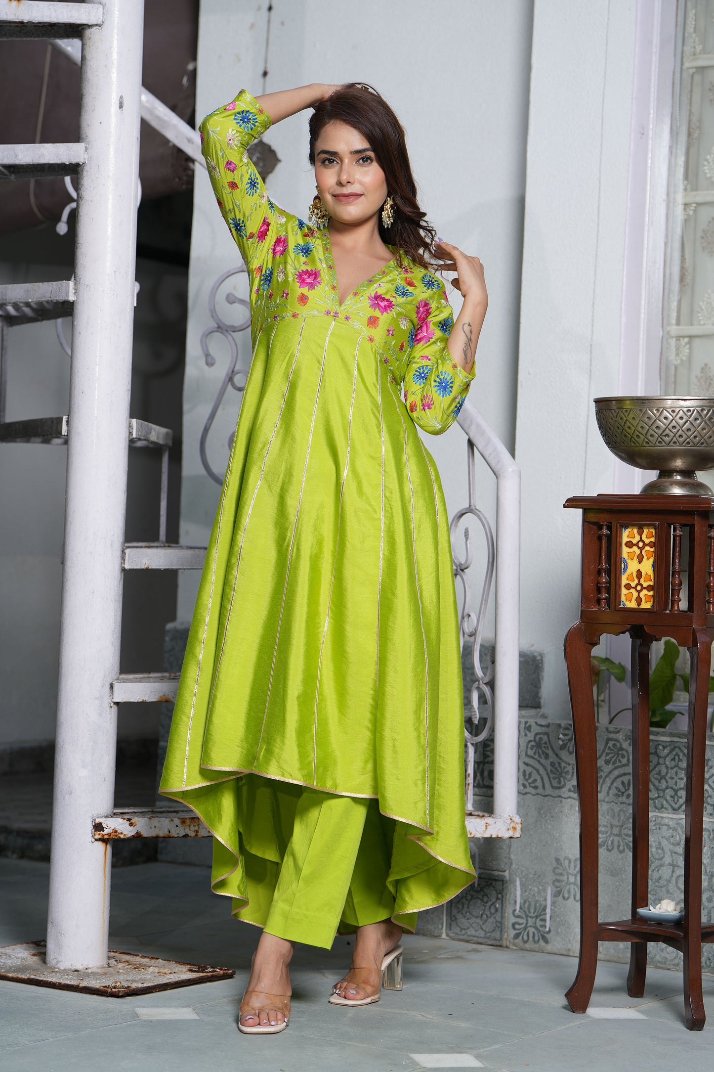 Love Bird Hi-Lo V neck Embroidered Green Kurta set