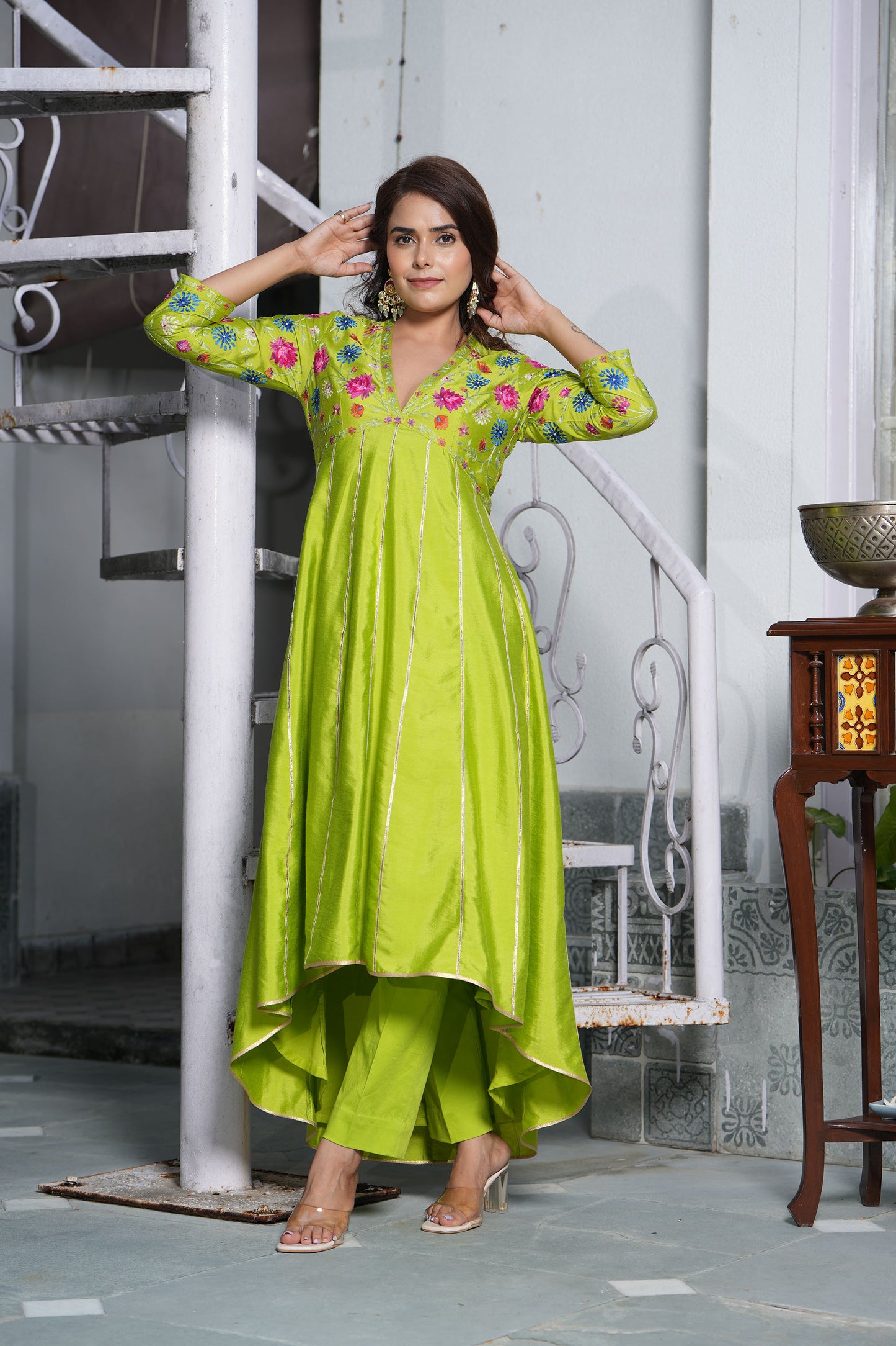 Love Bird Hi-Lo V neck Embroidered Green Kurta set