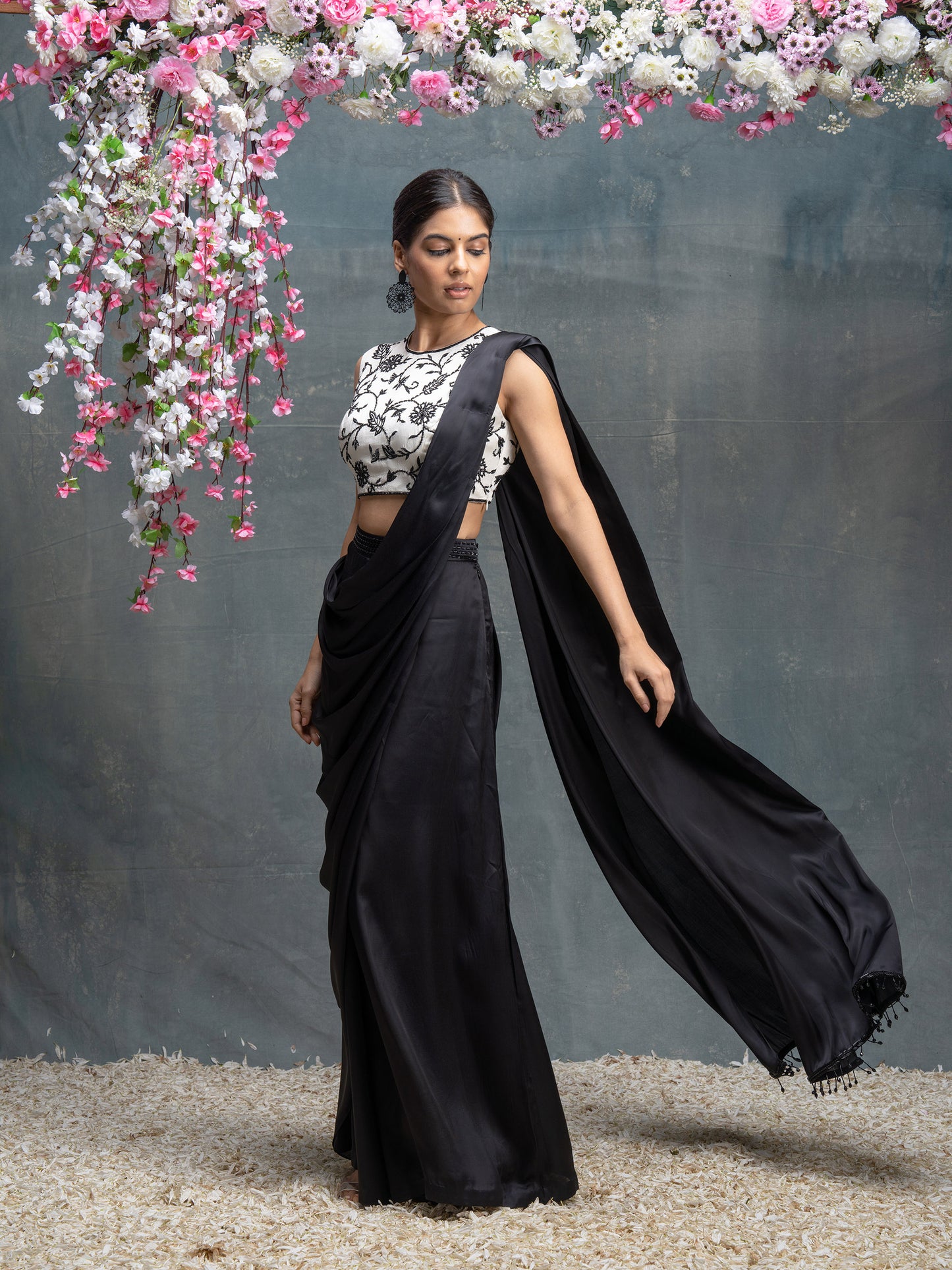Ivory And Black Predraped Saree With Hand Embroidered Blouse