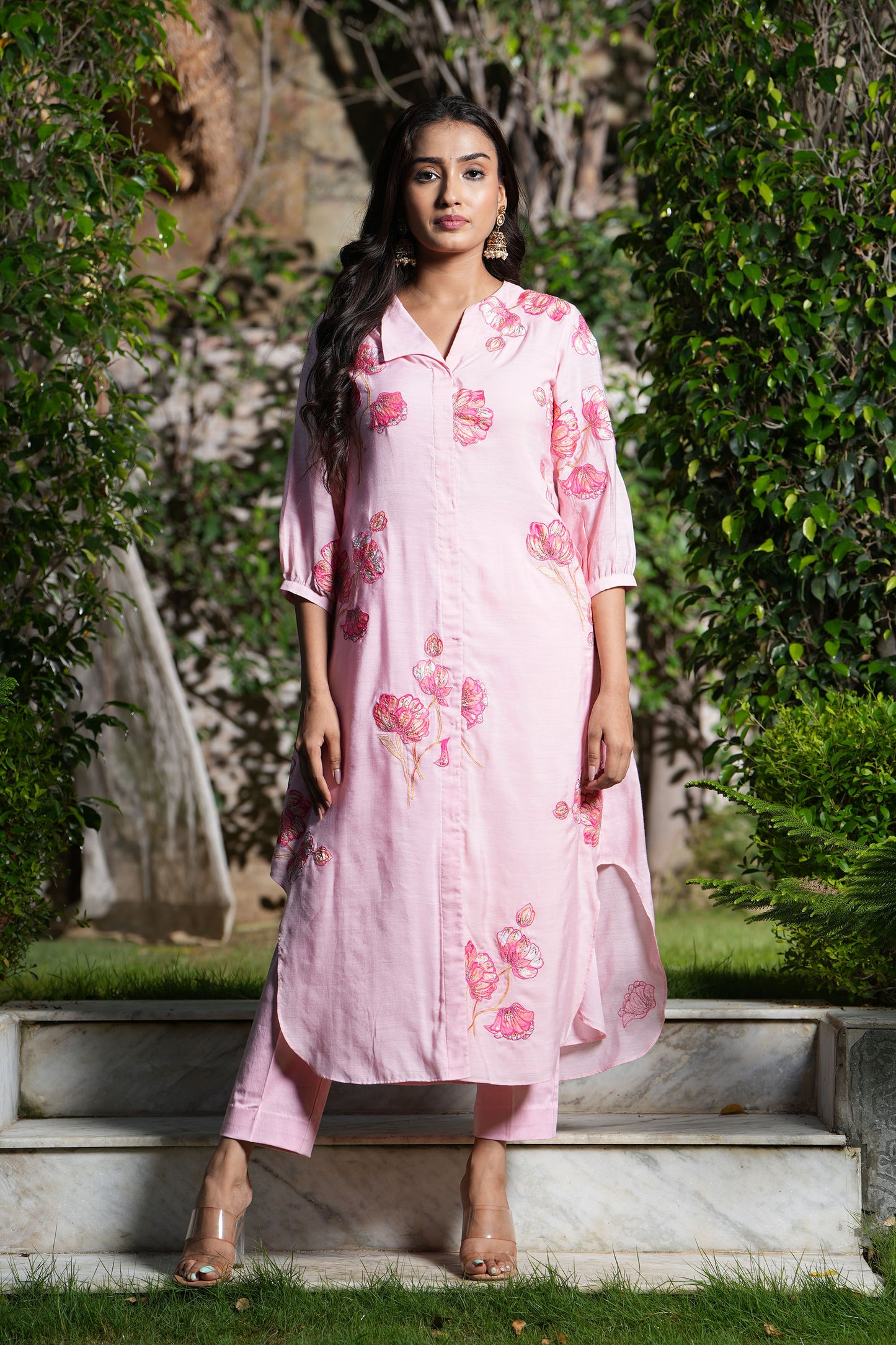 Pink Crystal rose A-line applique kurta set