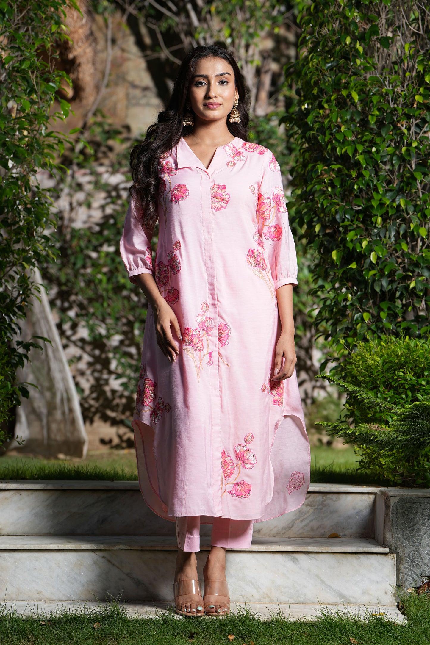 Pink Crystal rose A-line applique kurta set