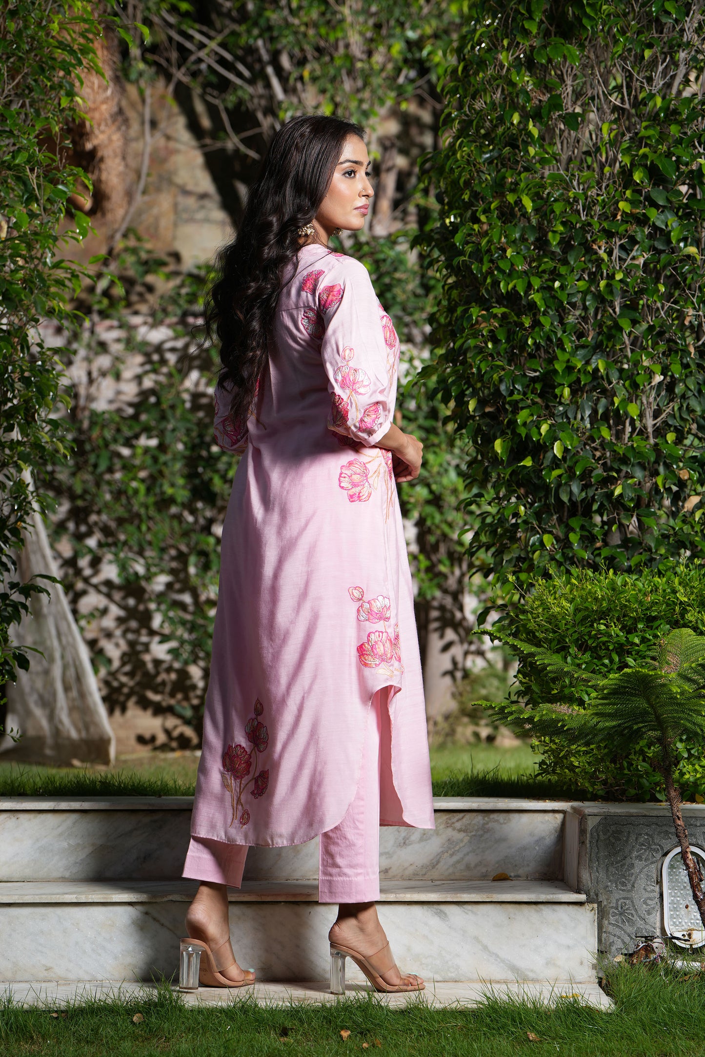 Pink Crystal rose A-line applique kurta set