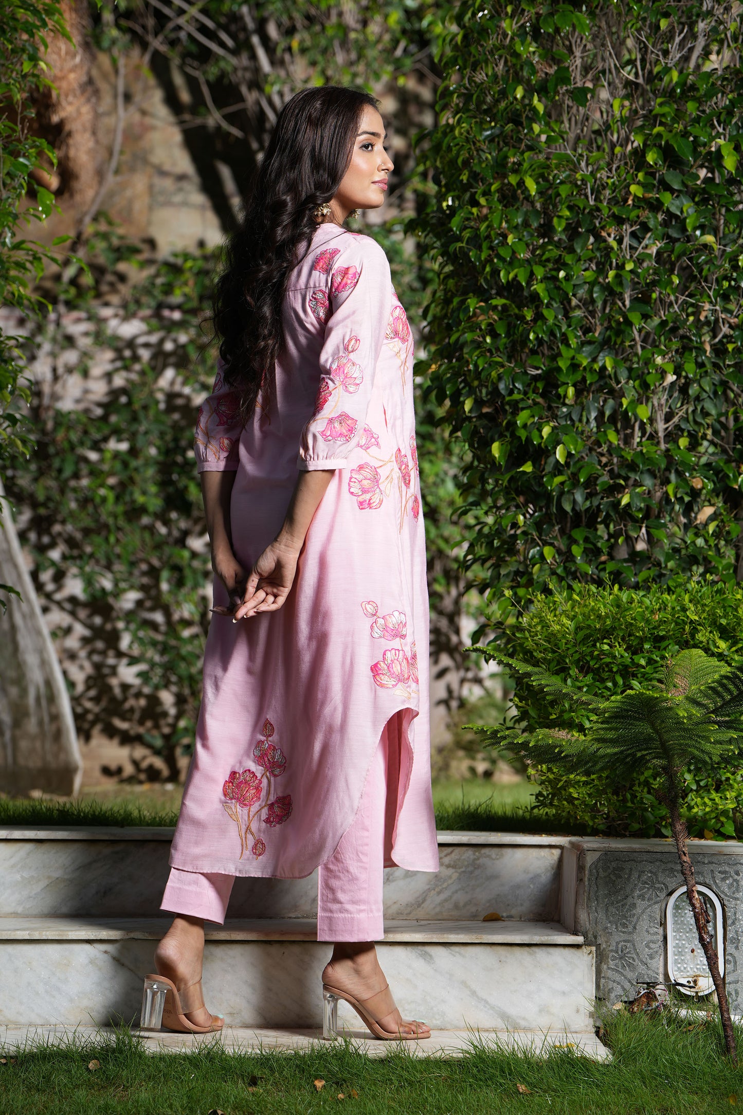 Pink Crystal rose A-line applique kurta set