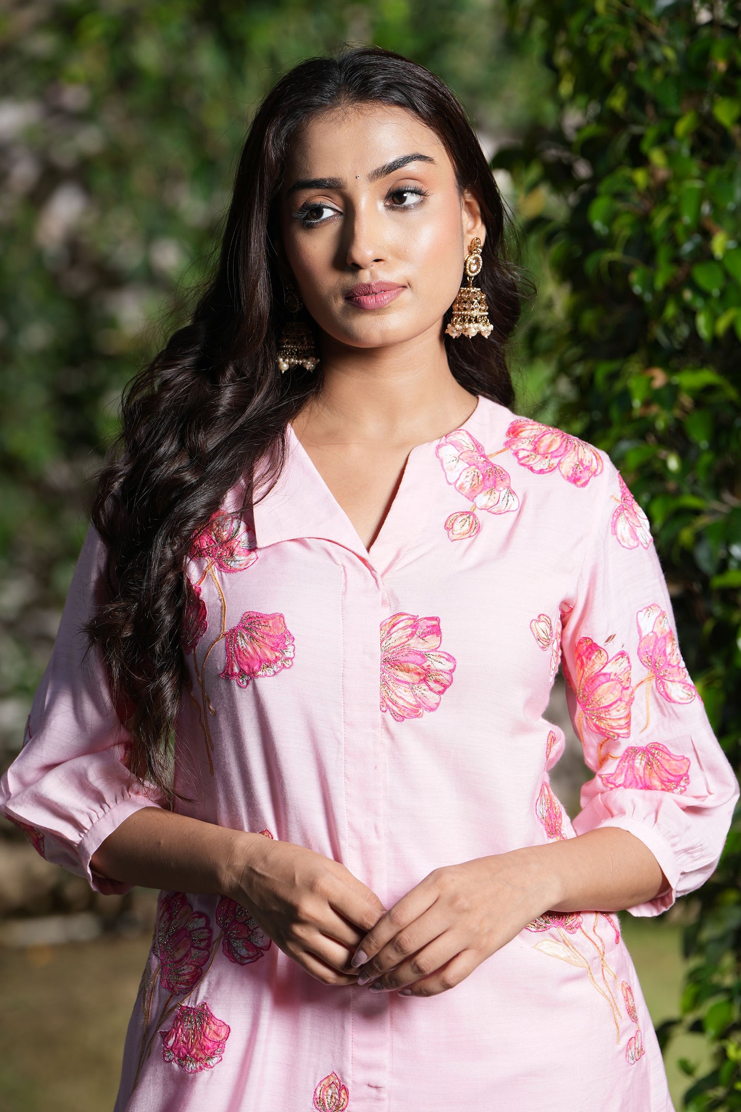 Pink Crystal rose A-line applique kurta set