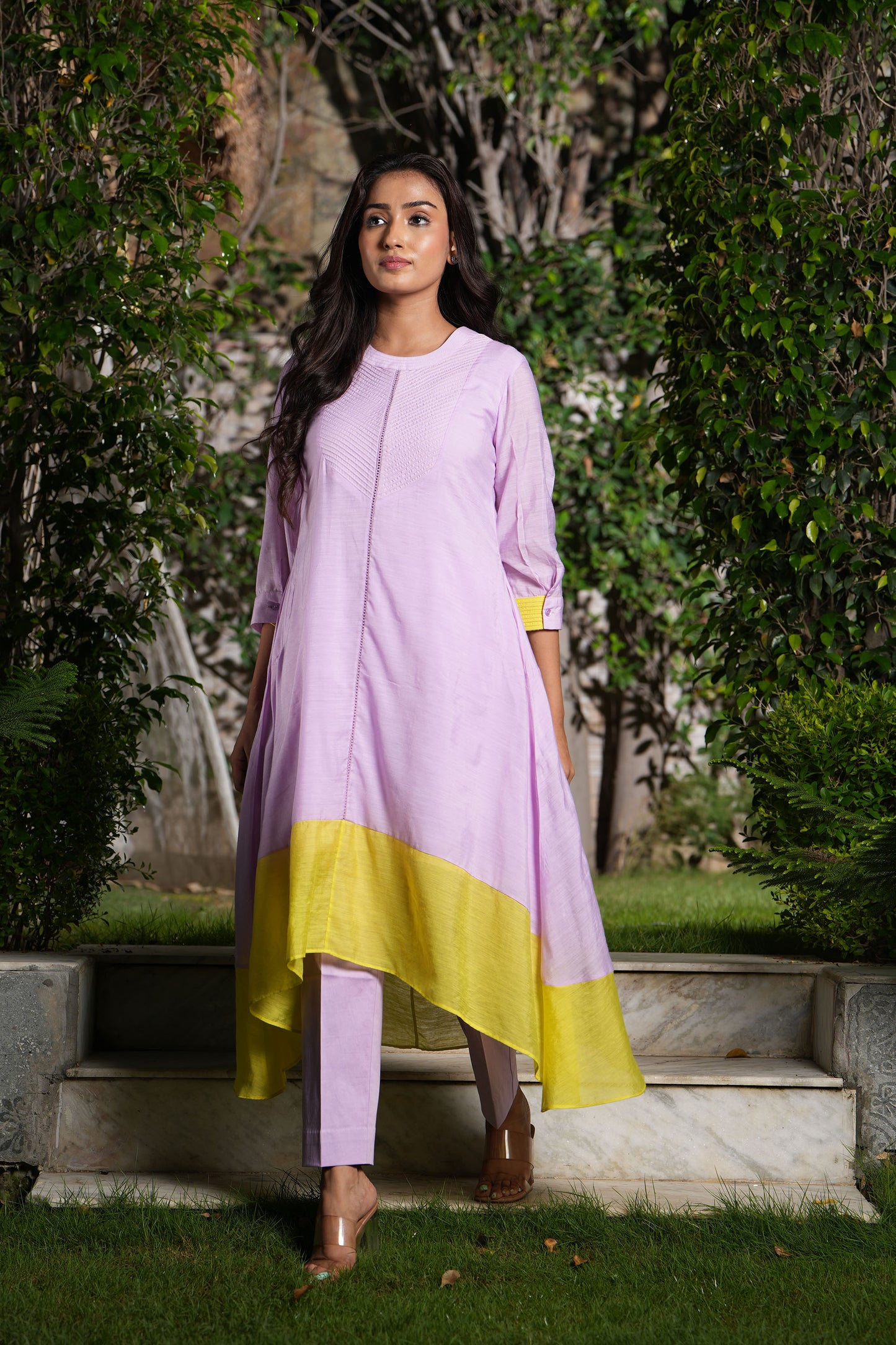 Lilac Round neck quilted A-Line kurta set