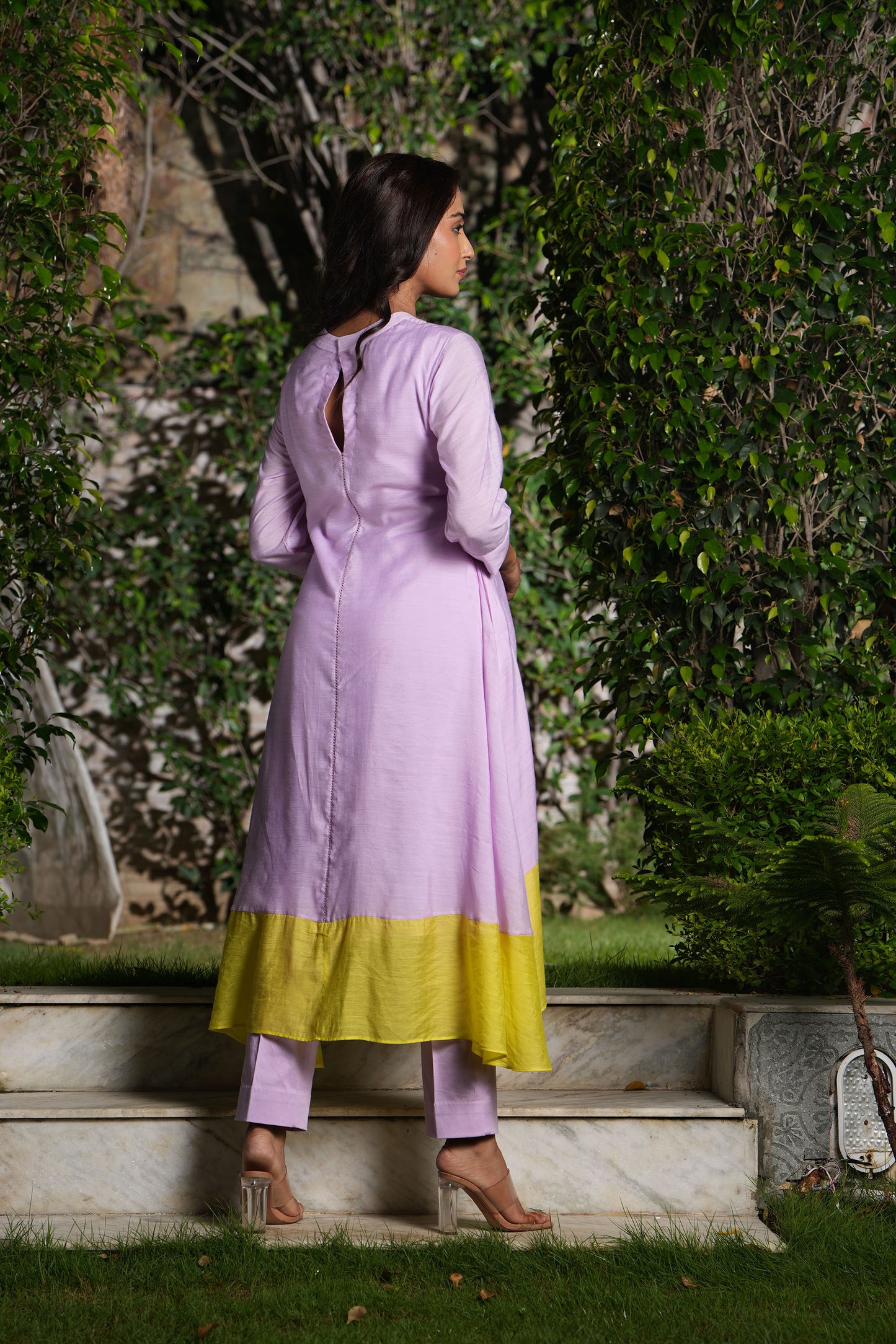 Lilac Round neck quilted A-Line kurta set