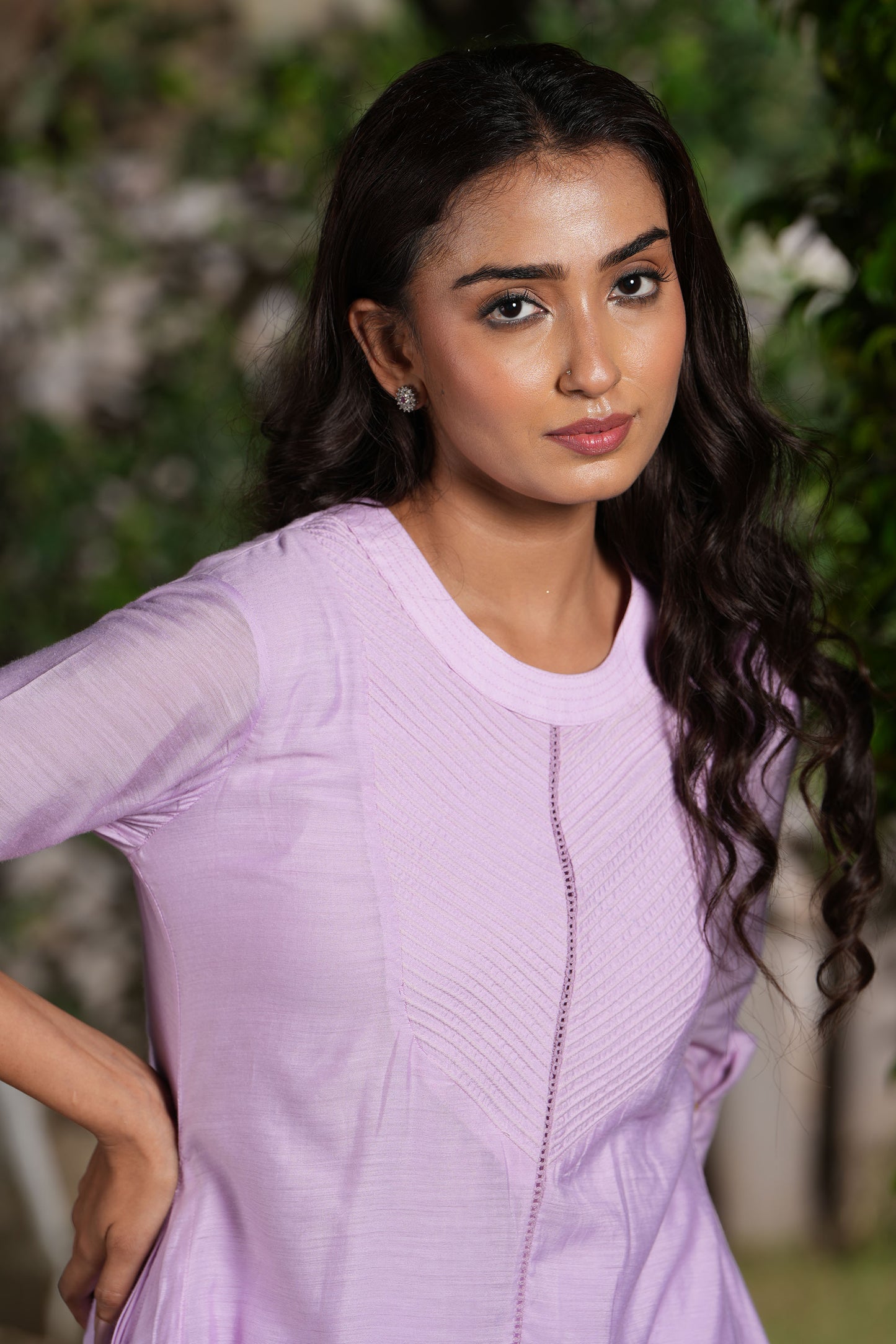 Lilac Round neck quilted A-Line kurta set