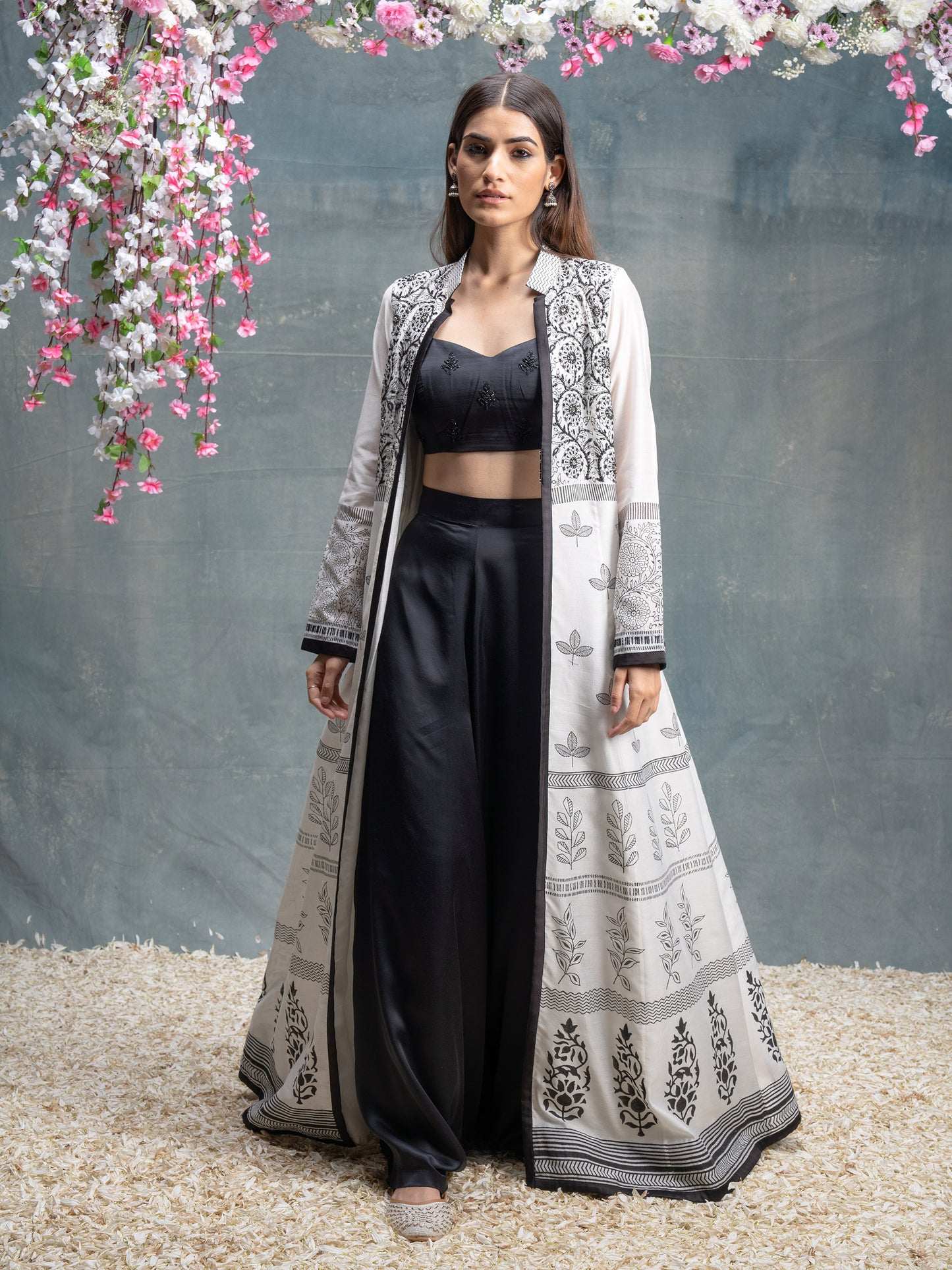 Ivory And Black Hand Block Printed & Embroidered Jacket Set