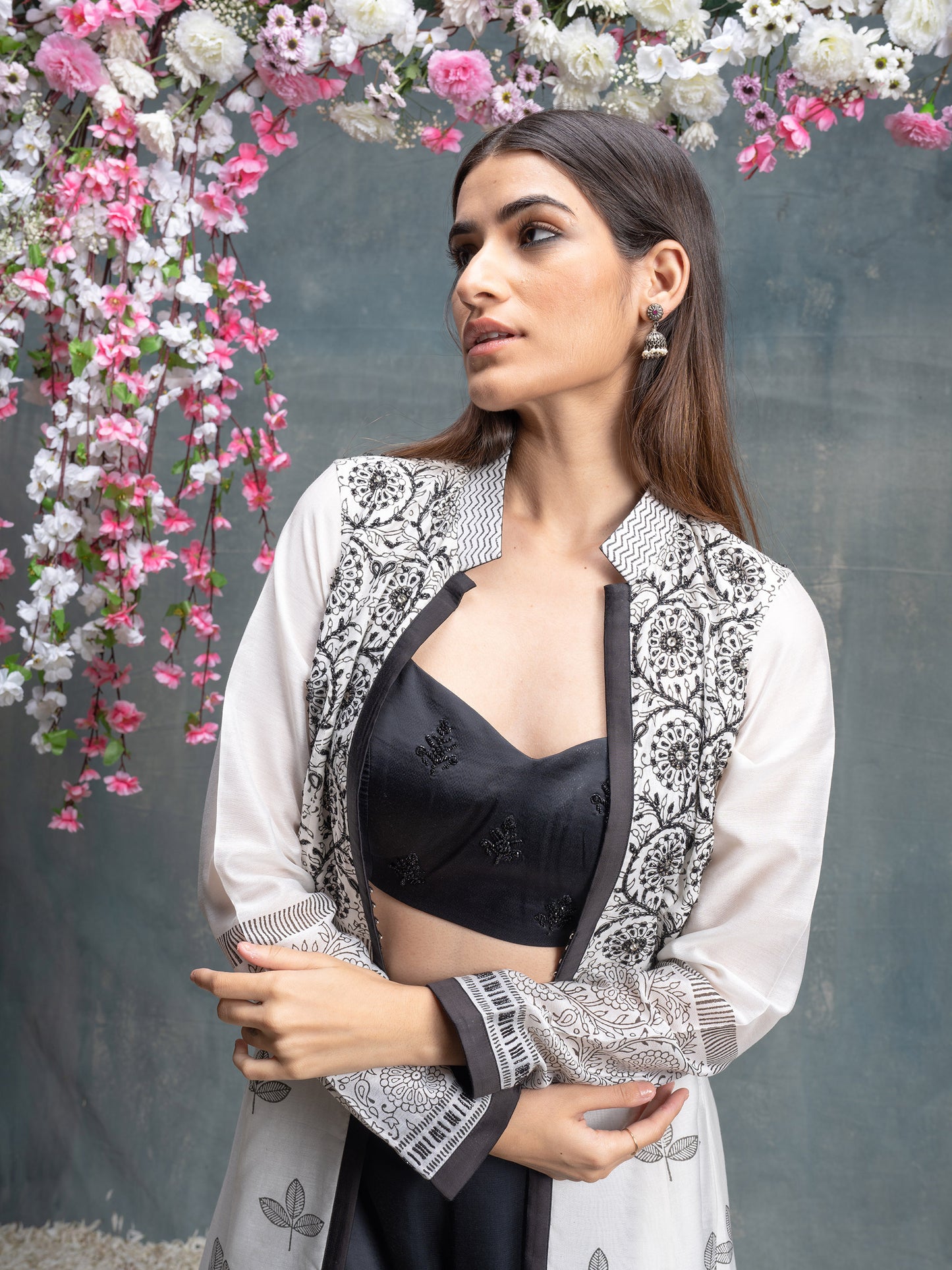 Ivory And Black Hand Block Printed & Embroidered Jacket Set