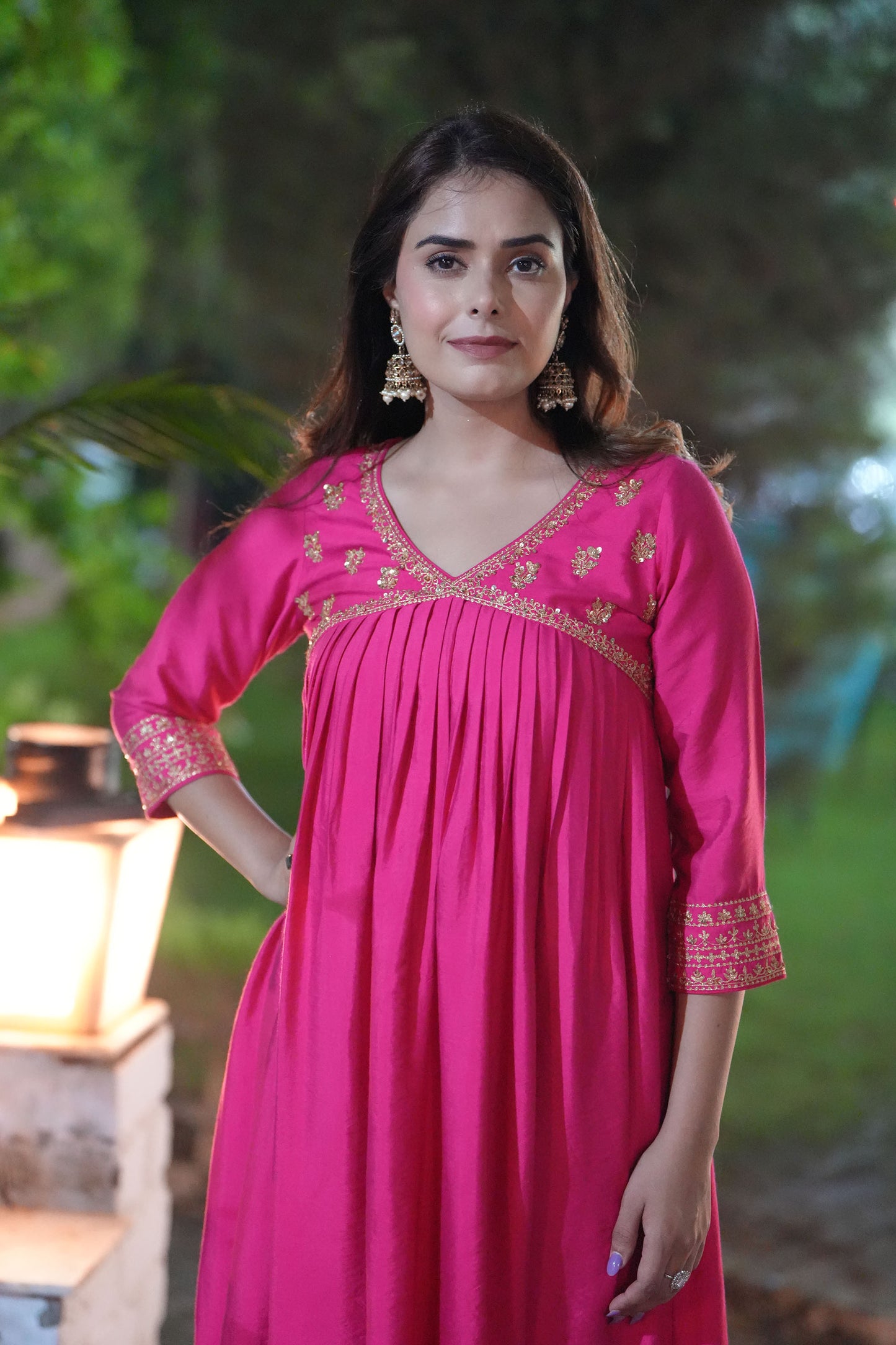 Beetroot Hi-Lo V neck embroidered Pink kurta set