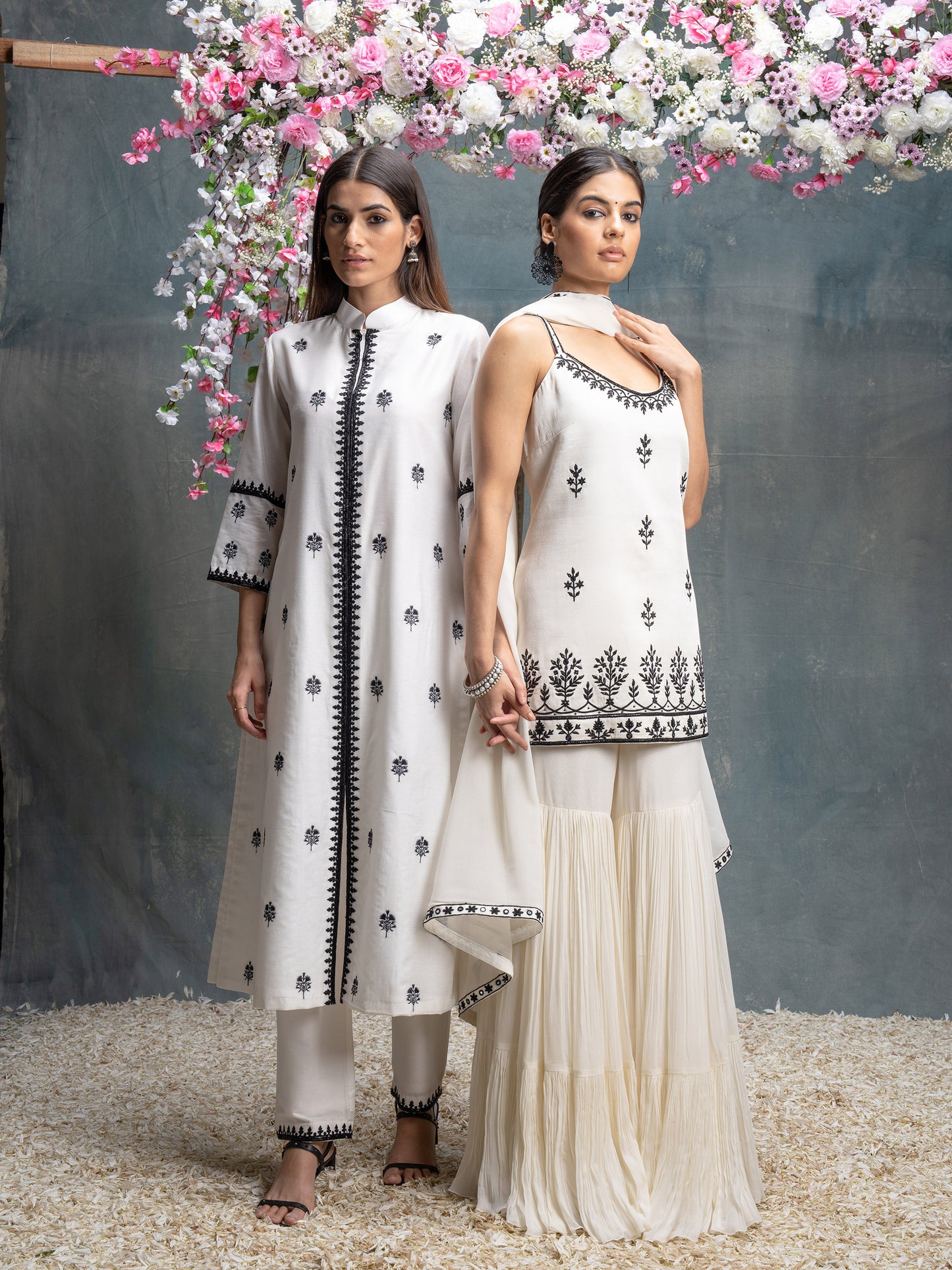 Ivory And Black Gharara Set With Mirror And Dori Work Embroidery