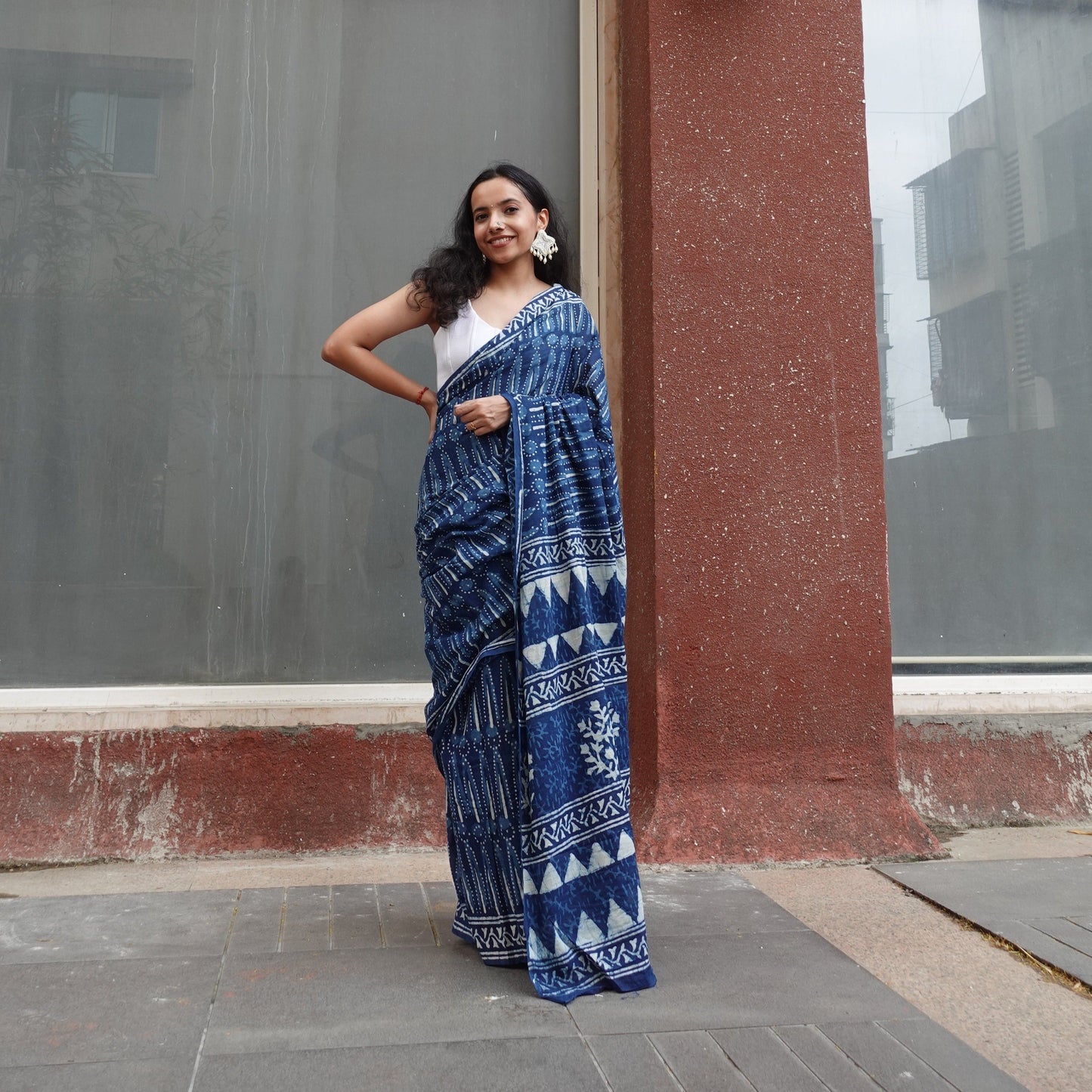 Indigo Light - Blue Handblock Dabu in Natural Dyes - Cotton Mulmul Saree