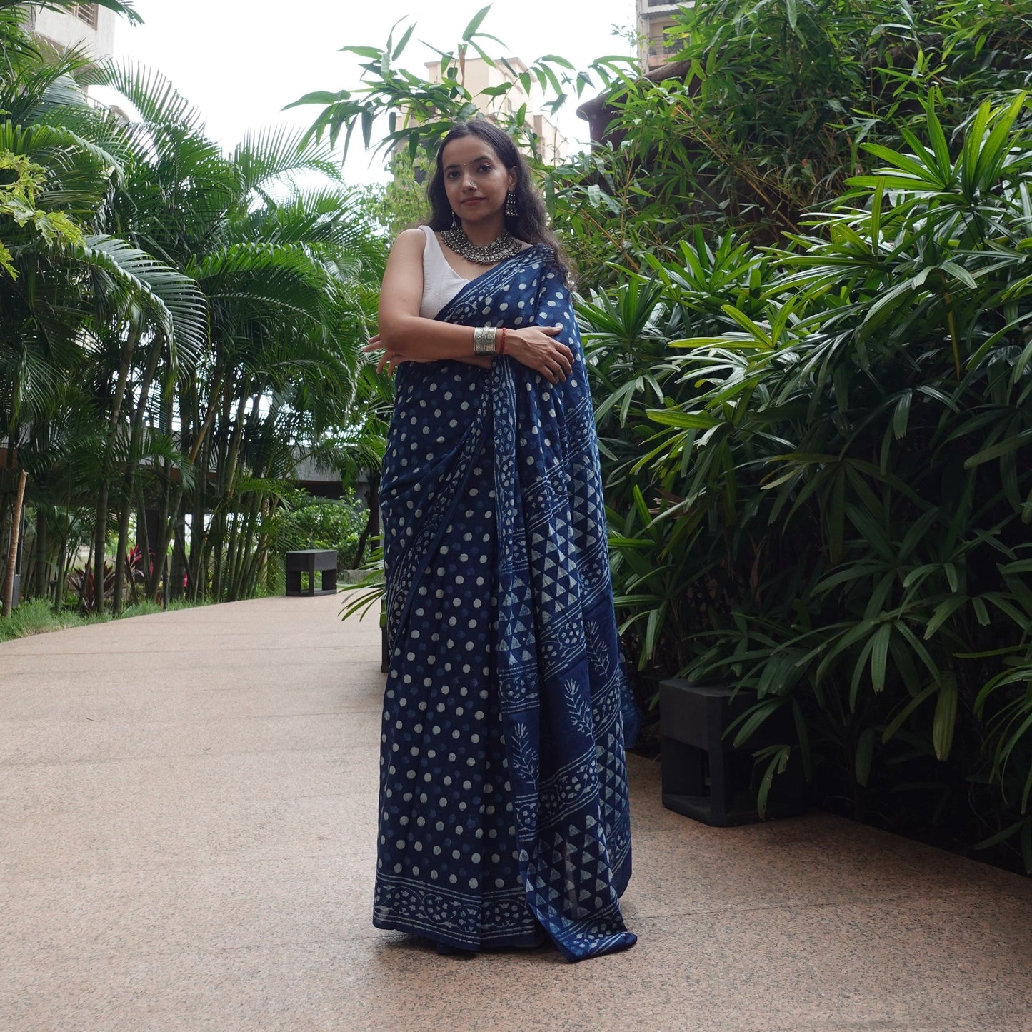 Indigo Polka Dots - Blue Handblock Dabu in Natural Dyes - Cotton Mulmul Saree