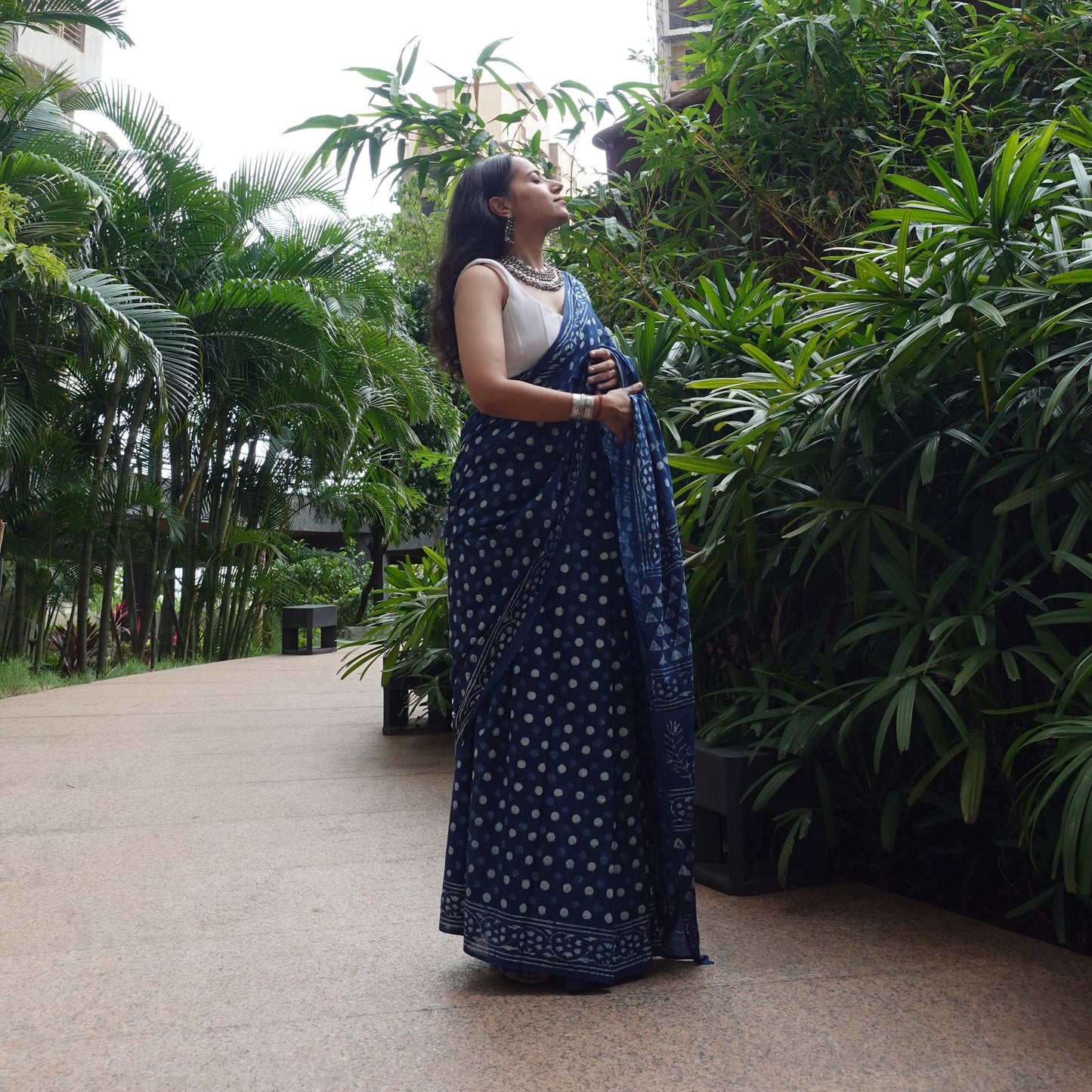 Indigo Polka Dots - Blue Handblock Dabu in Natural Dyes - Cotton Mulmul Saree