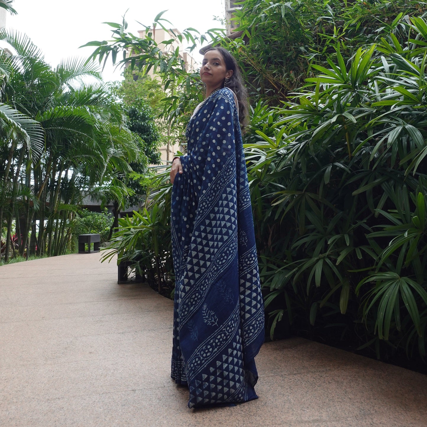 Indigo Polka Dots - Blue Handblock Dabu in Natural Dyes - Cotton Mulmul Saree