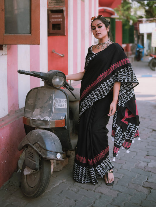 Retro Black - Handblock Print Natural Dyed - Mulmul Cotton Saree