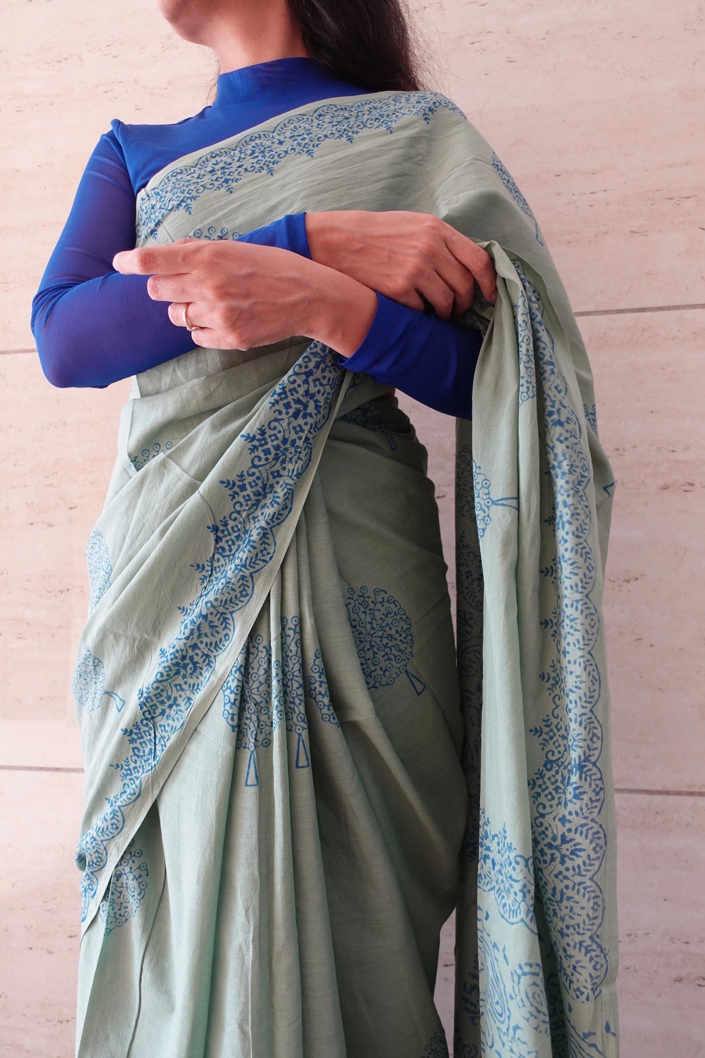 Seaside Serenity- Handblock Print Natural Dyed - Sage Green Mulmul Cotton Saree