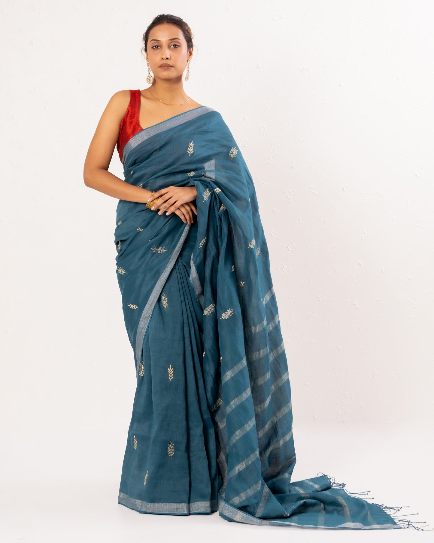 Blue embroidered handwoven linen saree