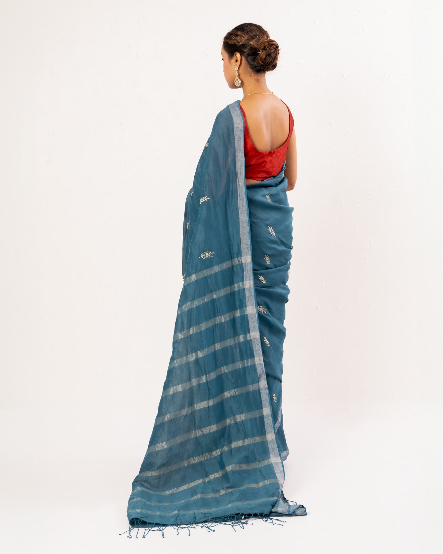 Blue embroidered handwoven linen saree