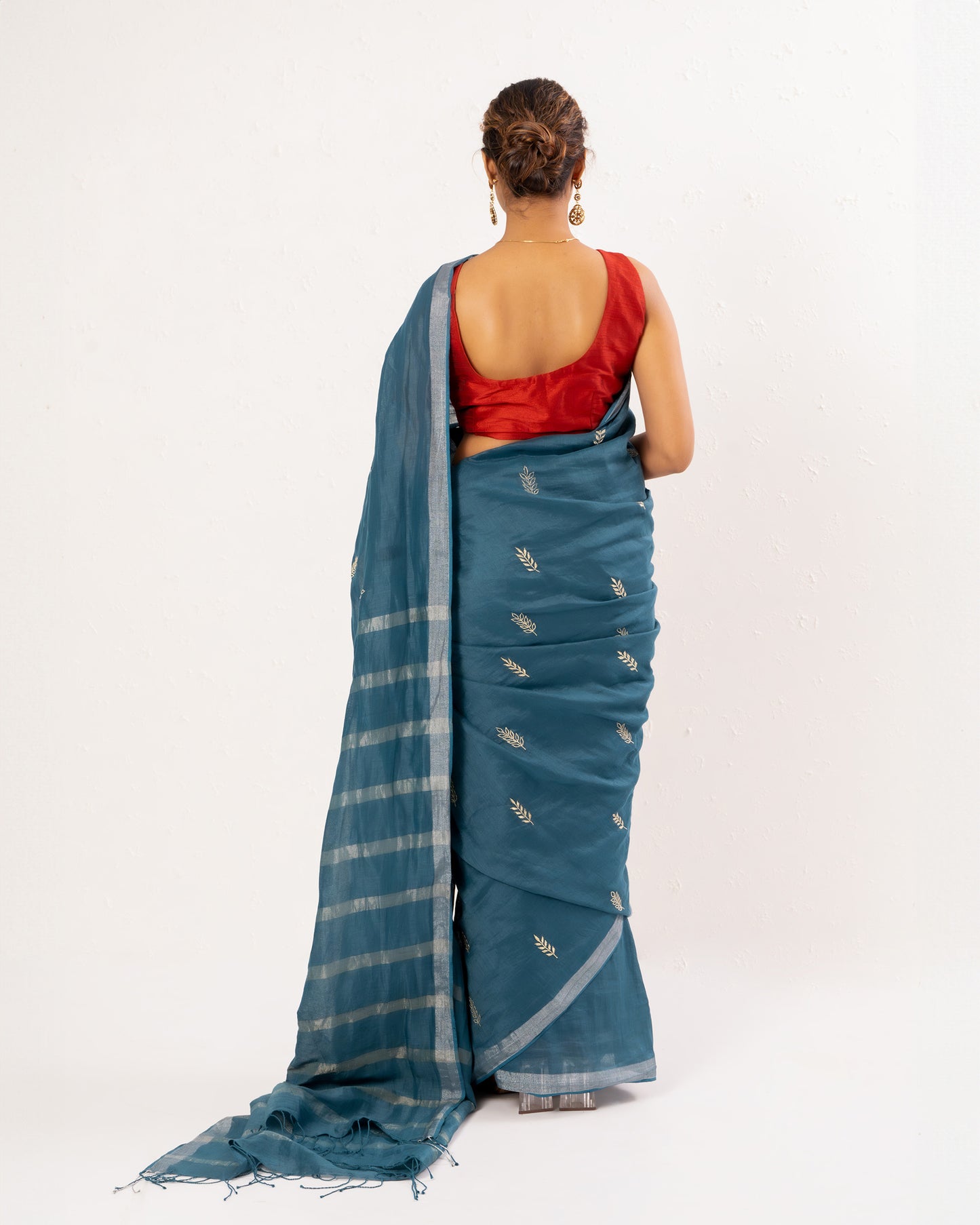 Blue embroidered handwoven linen saree