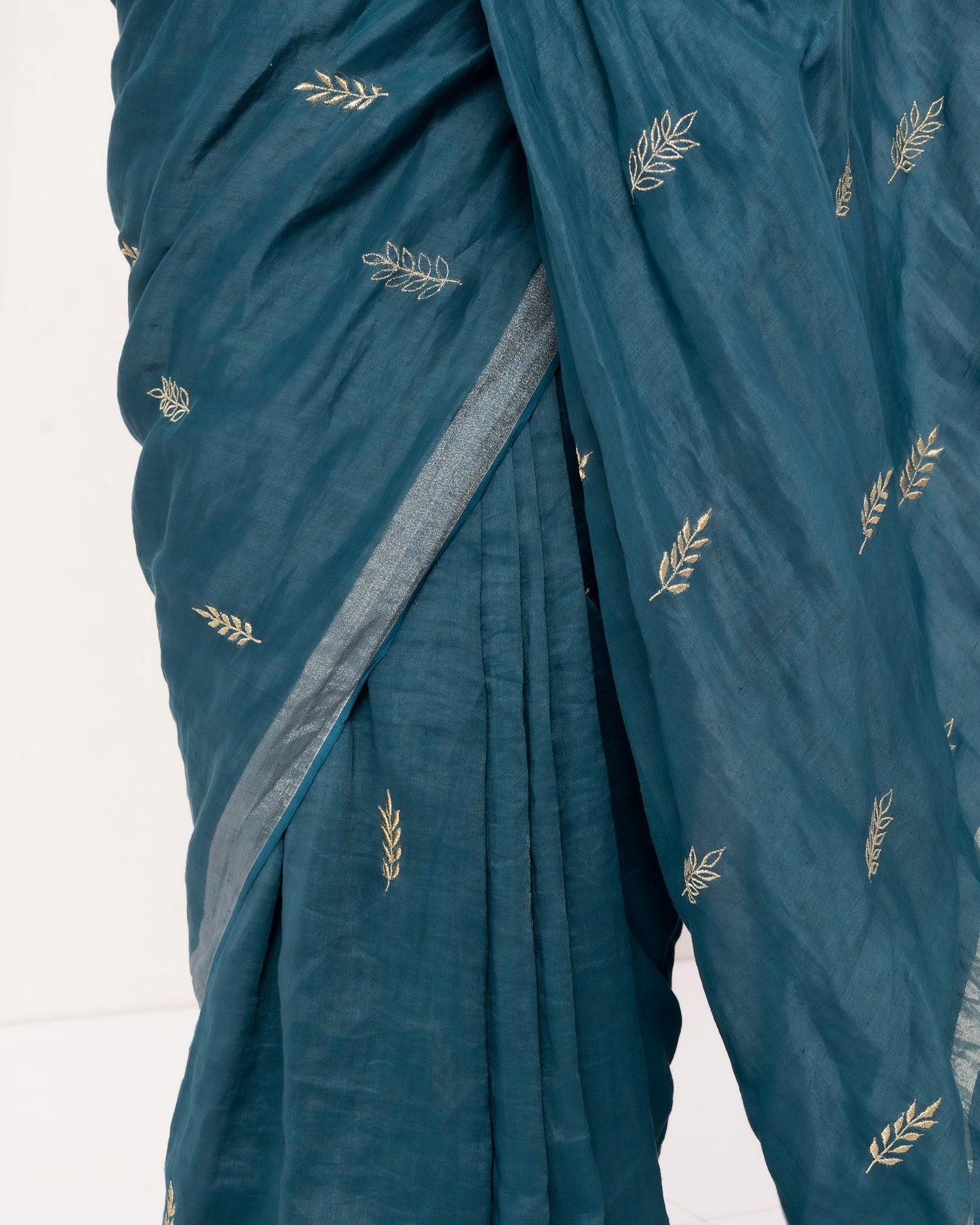 Blue embroidered handwoven linen saree