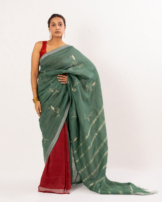 Green maroon embroidered handwoven linen saree